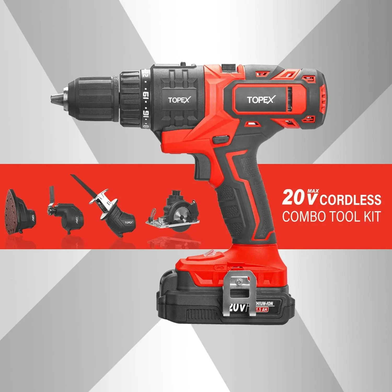 Topex 20V 5 IN1 Power Tool Combo Kit Cordless Drill Driver Sander Electric Saw w/ 2 Batteries & Tool Bag