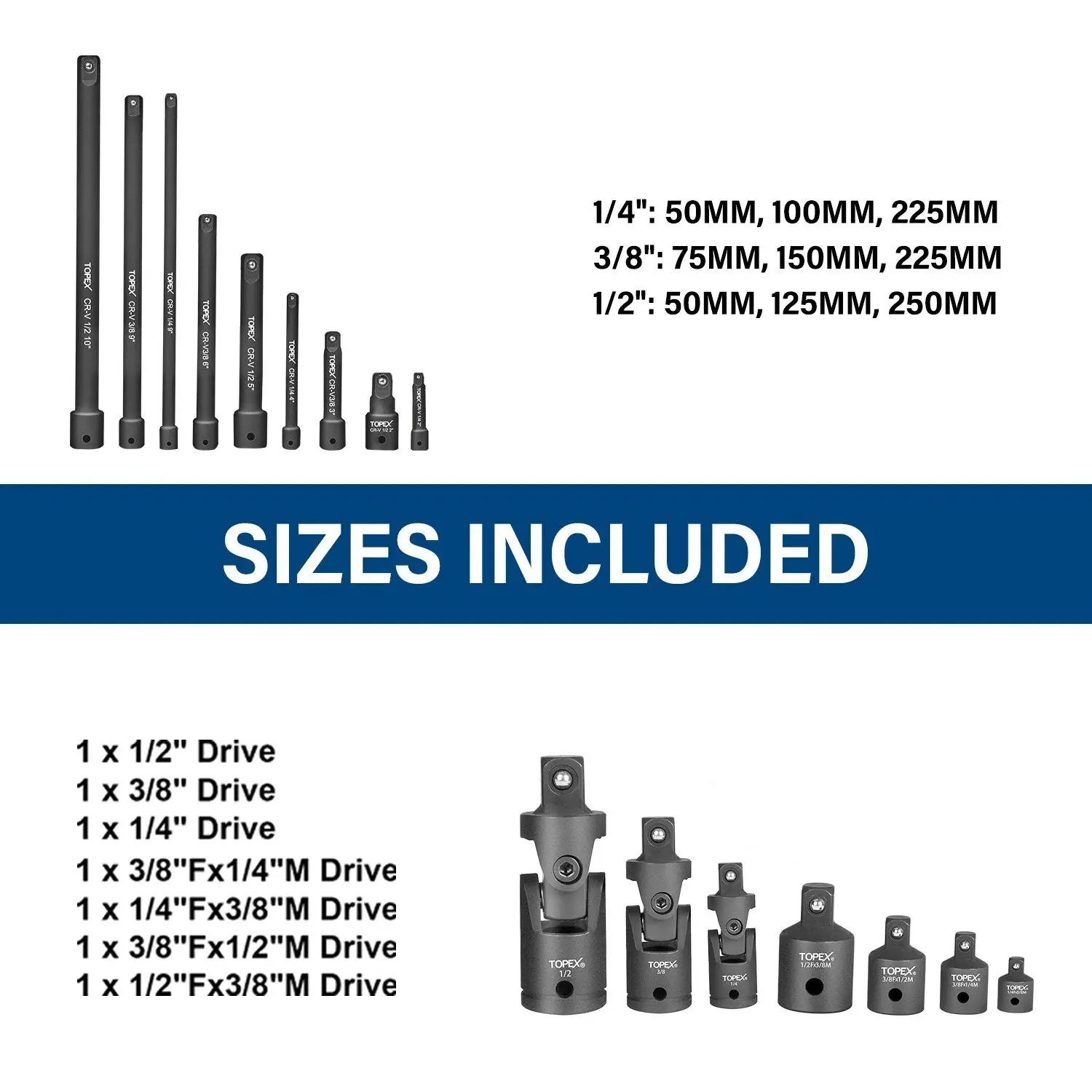 Topex 16-piece Socket Adaptor& Extension Bar Set