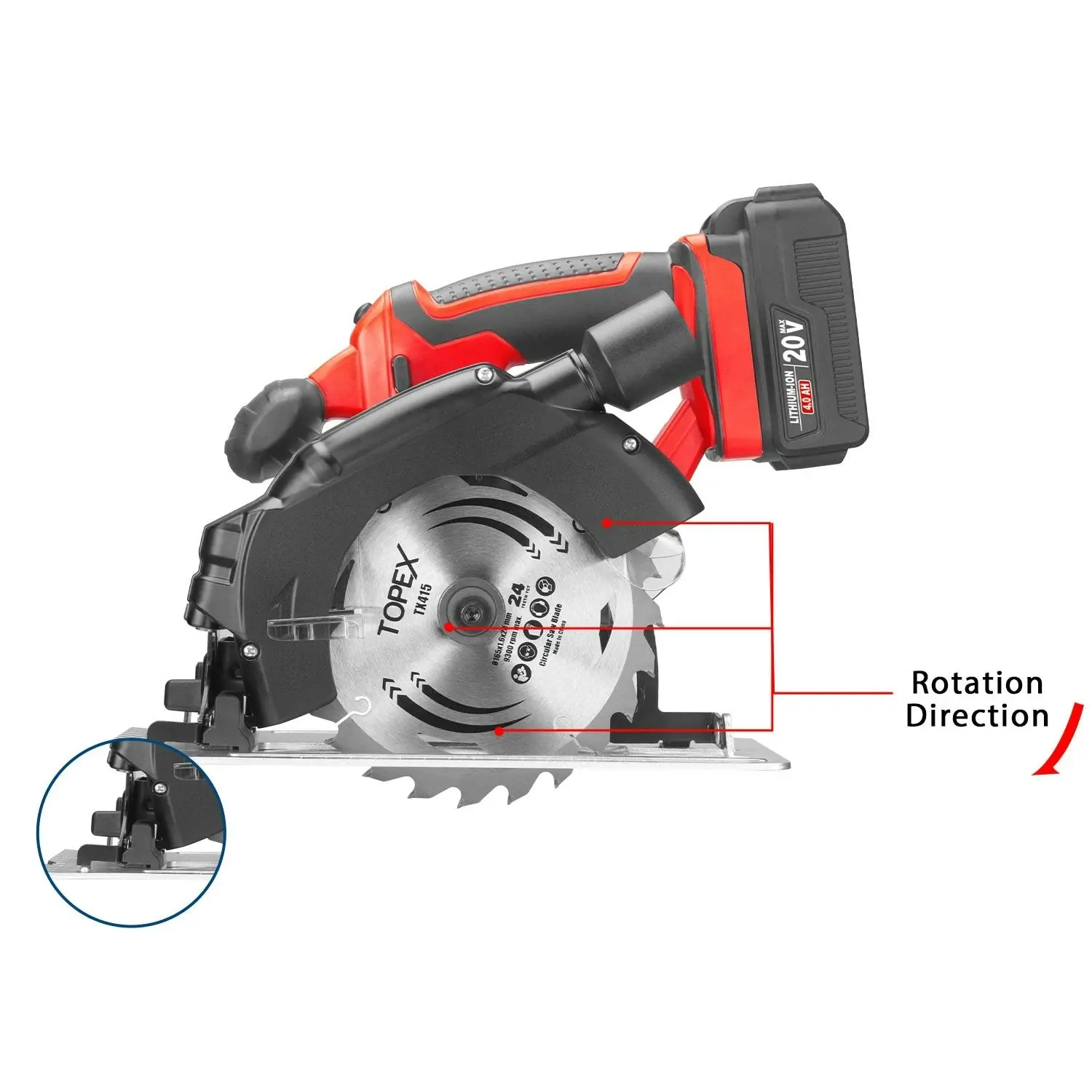 Topex 20V Circular Saw, with 4.0Ah Battery & Charger, 4,300RPM, 0°- 45° Bevel Cutting