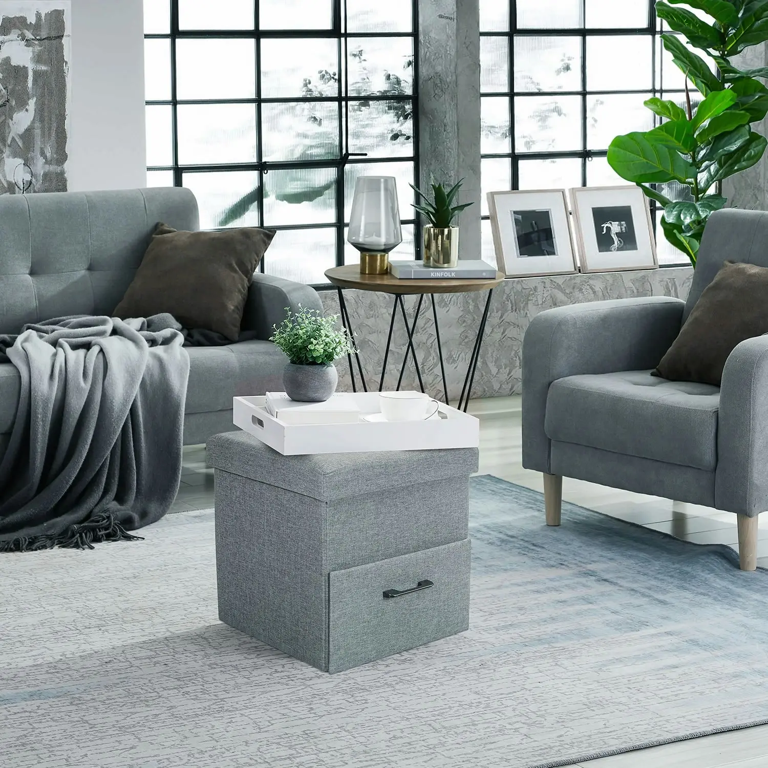 Stelive Folding Ottoman Storage Cube Footstool With Drawer Stool Blanket Box Oxford Linen 40x40x40cm