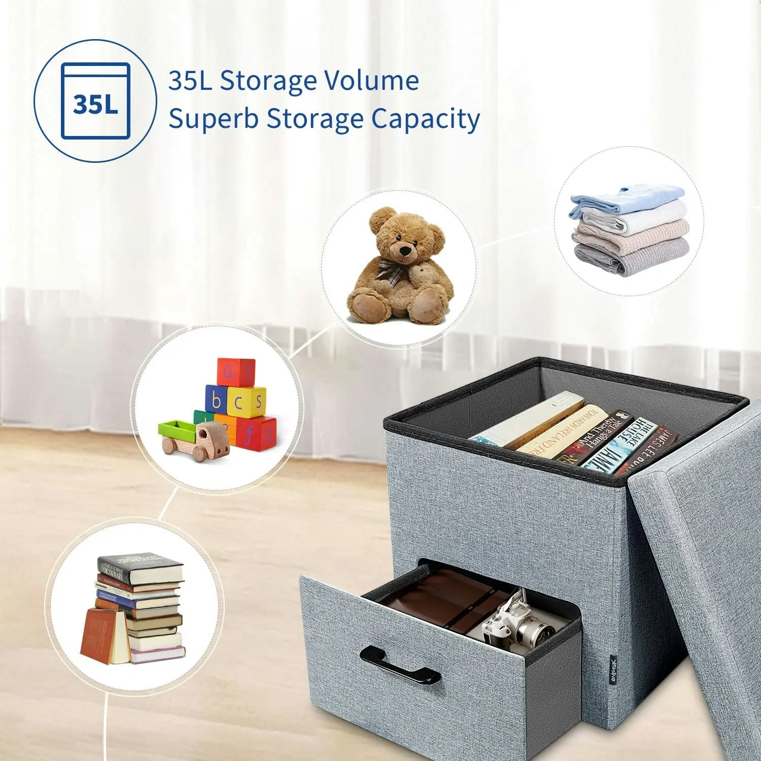 Stelive Folding Ottoman Storage Cube Footstool With Drawer Stool Blanket Box Oxford Linen 40x40x40cm