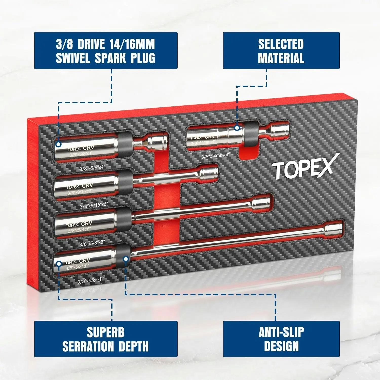 Topex 5-PIECE Swivel Spark Plug Socket Set 3/8″ Drive Extra Long