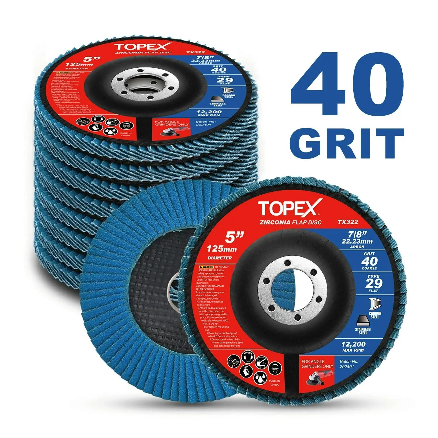 Topex 125mm Zirconia Flap Disc, 40/60/80/120 Grit, 10Pack