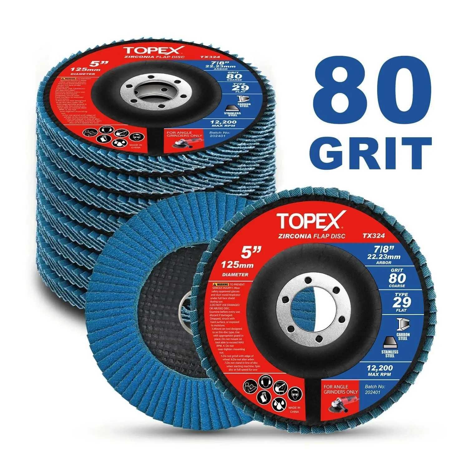 Topex 125mm Zirconia Flap Disc, 40/60/80/120 Grit, 10Pack