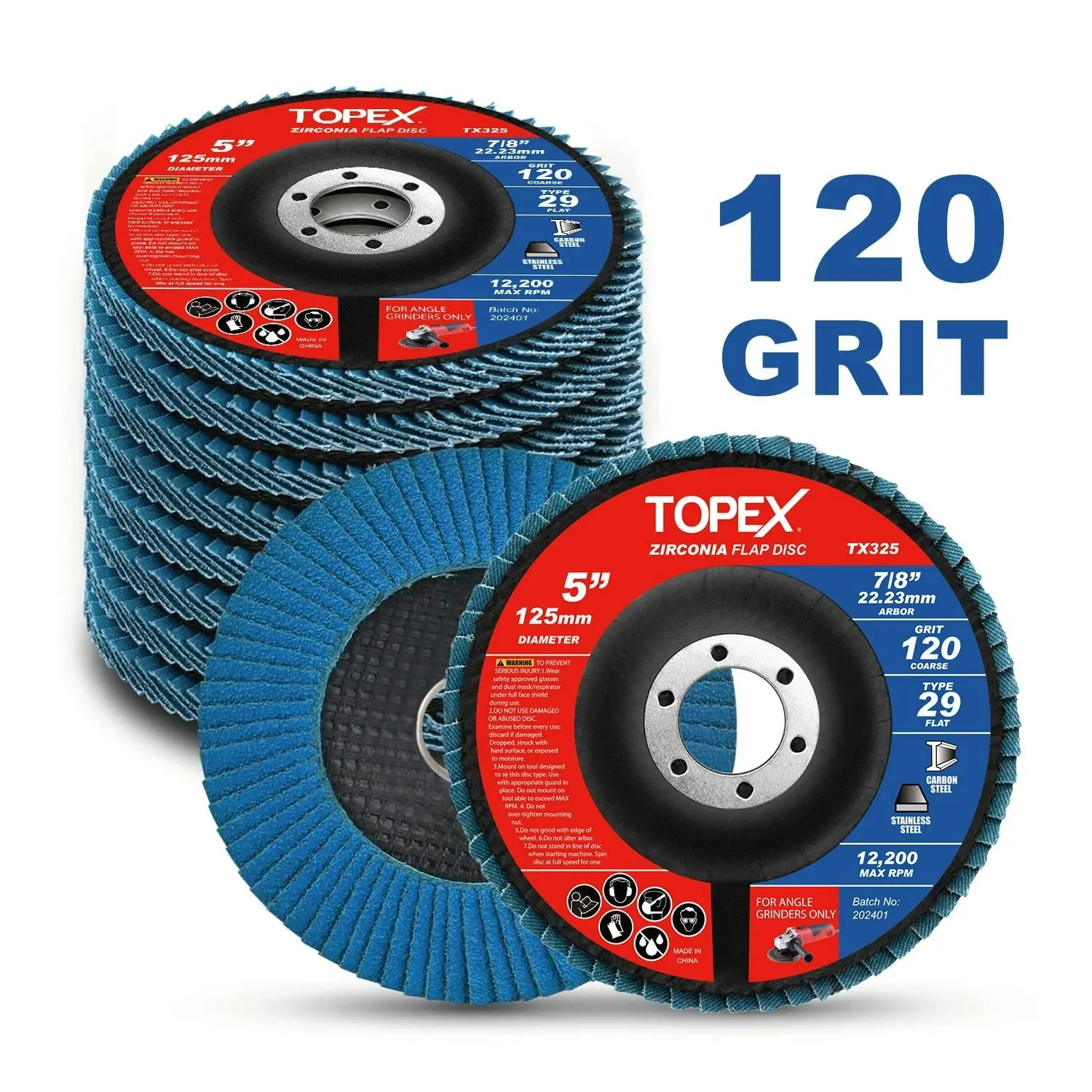 Topex 125mm Zirconia Flap Disc, 40/60/80/120 Grit, 10Pack