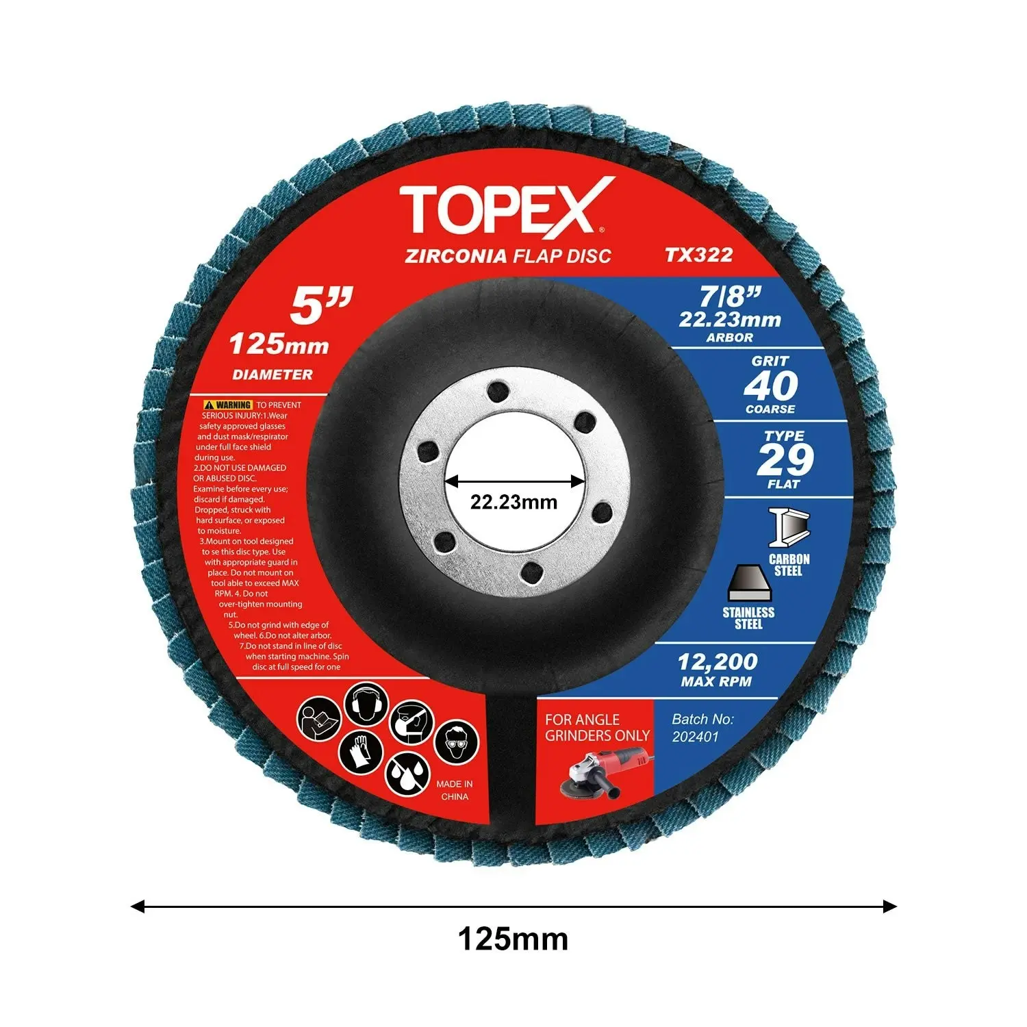 Topex 125mm Zirconia Flap Disc, 40/60/80/120 Grit, 10Pack