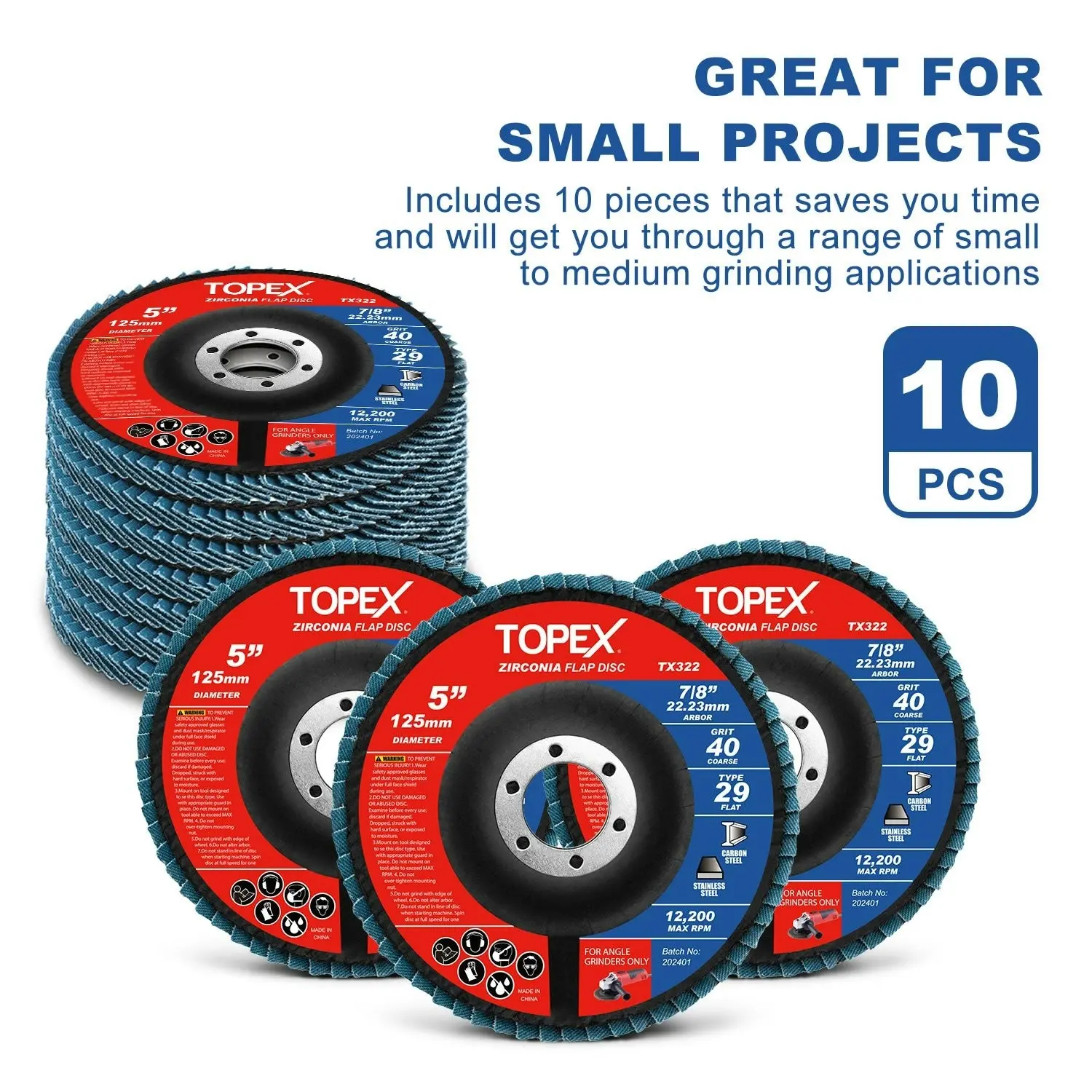 Topex 125mm Zirconia Flap Disc, 40/60/80/120 Grit, 10Pack