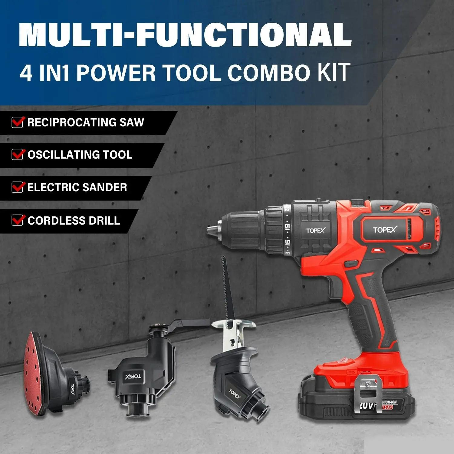 Topex 20V 4IN1 Multi-Tool Combo Kit Cordless Drill Sander Reciprocating Saw Oscillating Tool