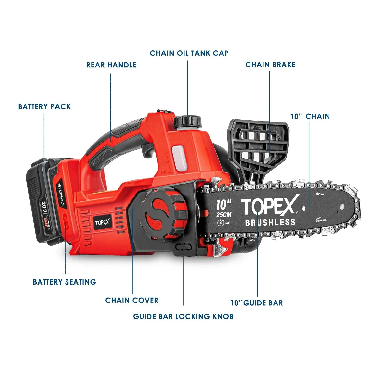 Topex Cordless Brushless Chainsaw Electric Saw w/ 20V 4.0AH Battery Fast Charger