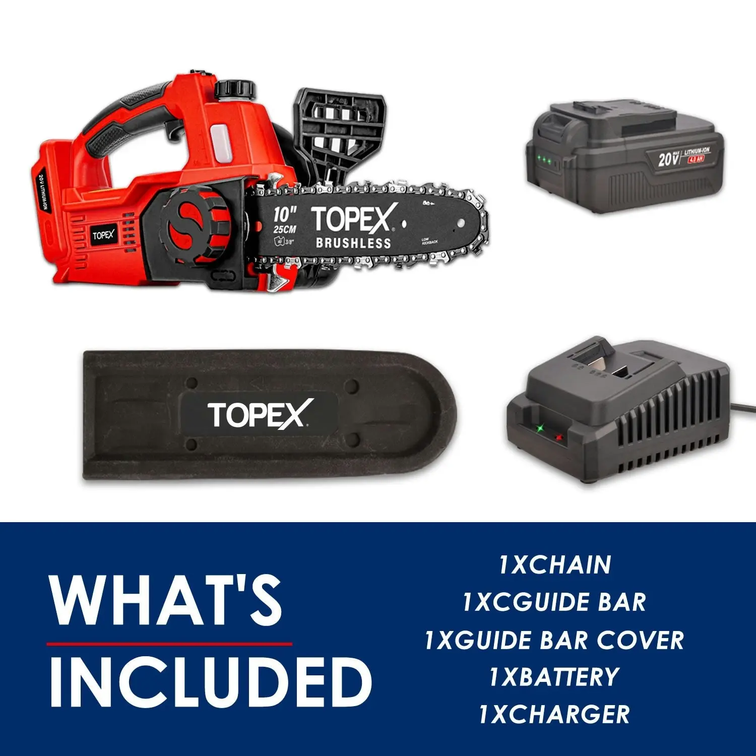 Topex Cordless Brushless Chainsaw Electric Saw w/ 20V 4.0AH Battery Fast Charger