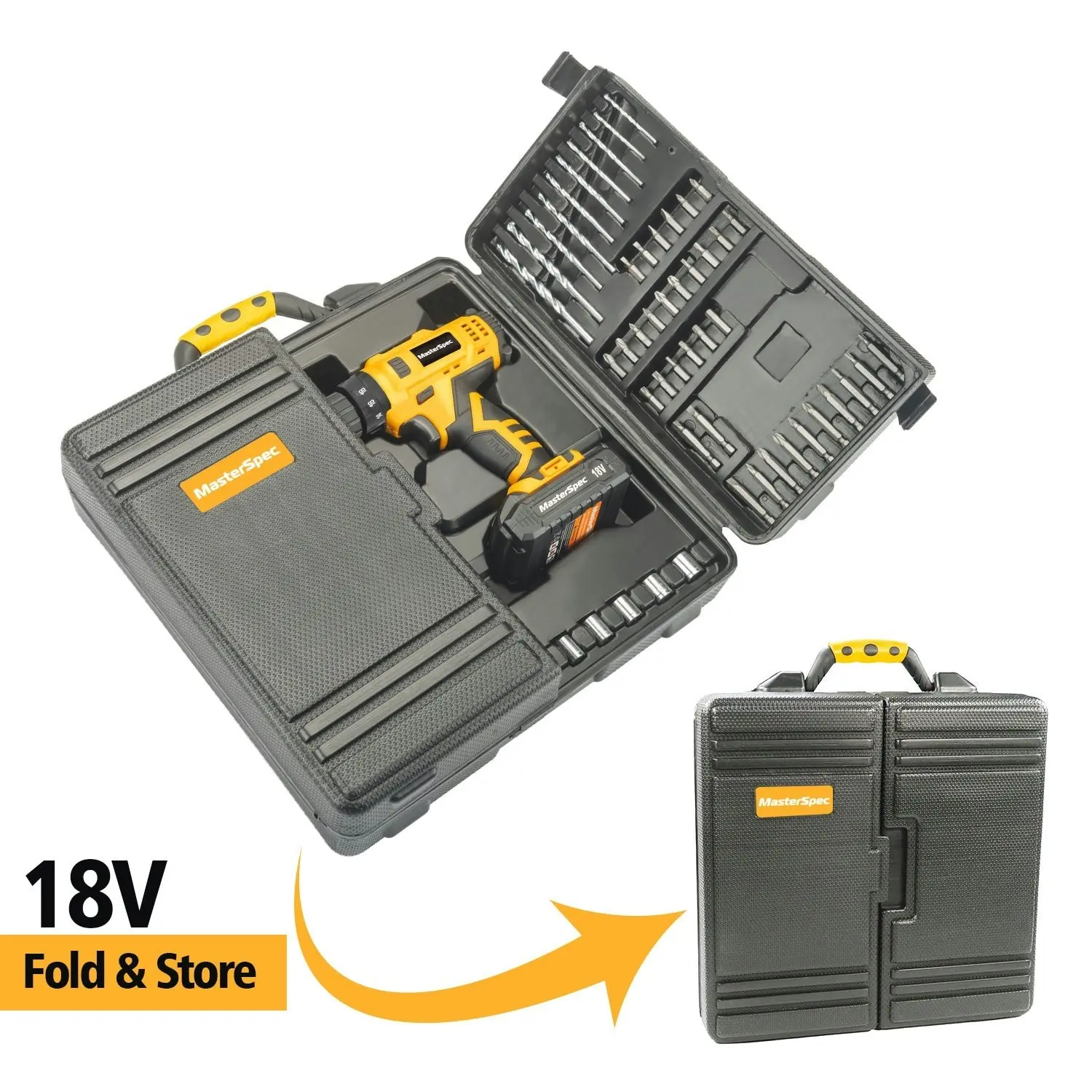 MasterSpec 92 PC Cordless Hammer Drill 18V Power Tool Kit Screw Flap Bits