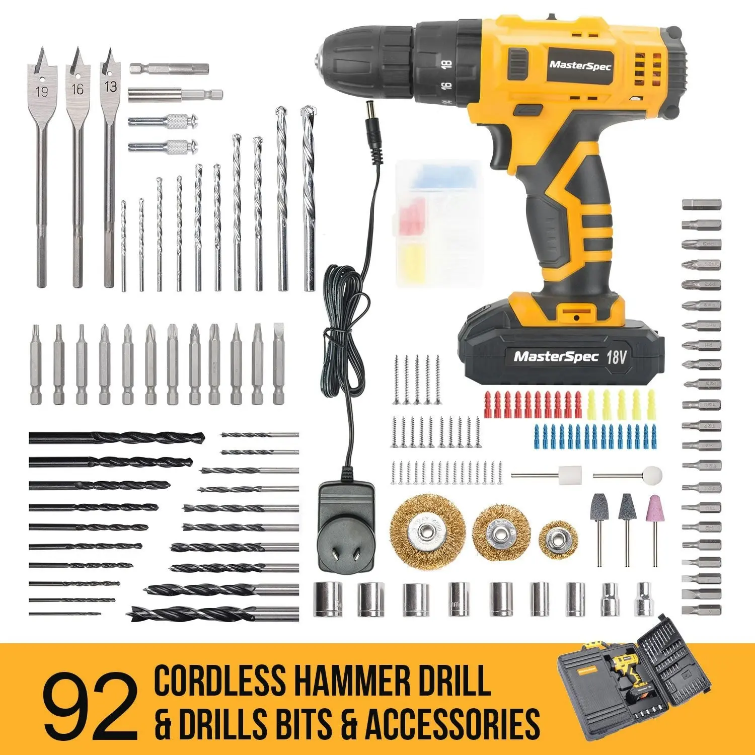 MasterSpec 92 PC Cordless Hammer Drill 18V Power Tool Kit Screw Flap Bits