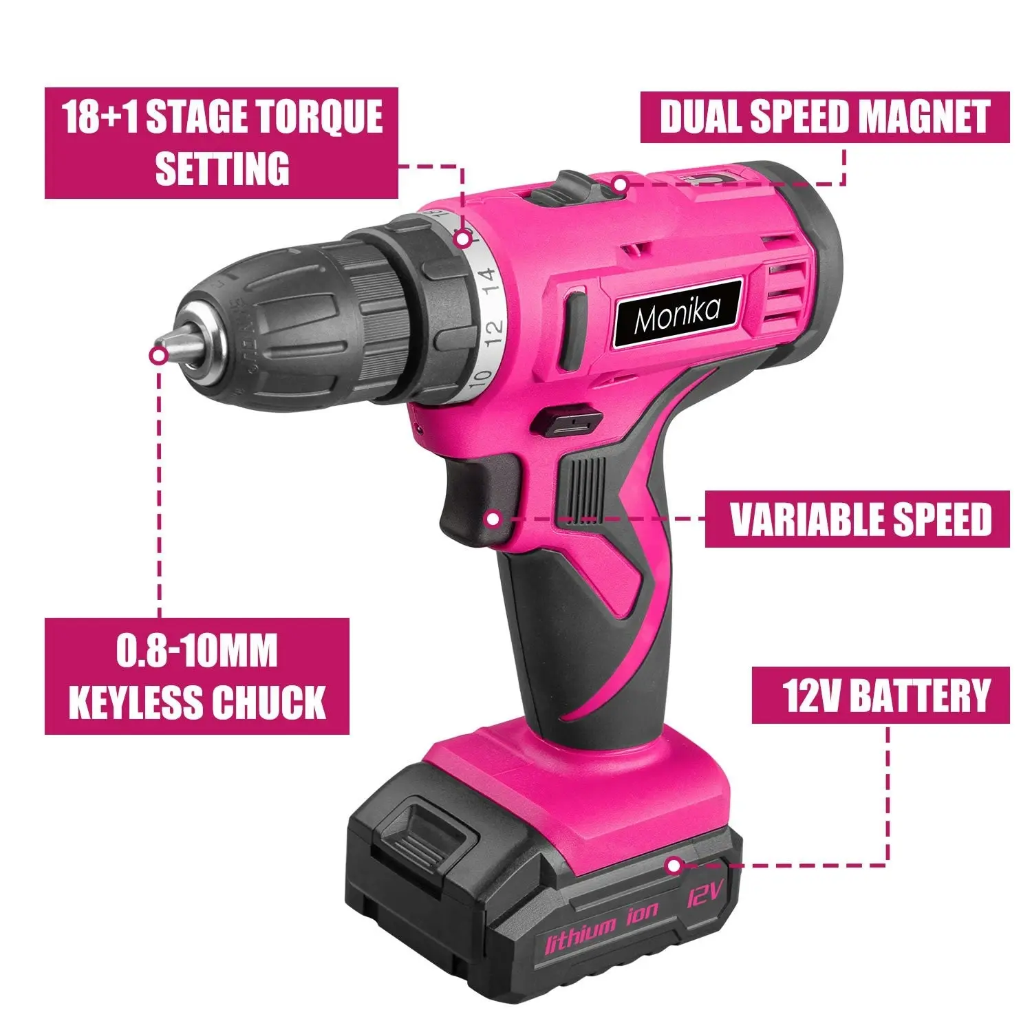 Monika 12V Pink Lithium Cordless Drill