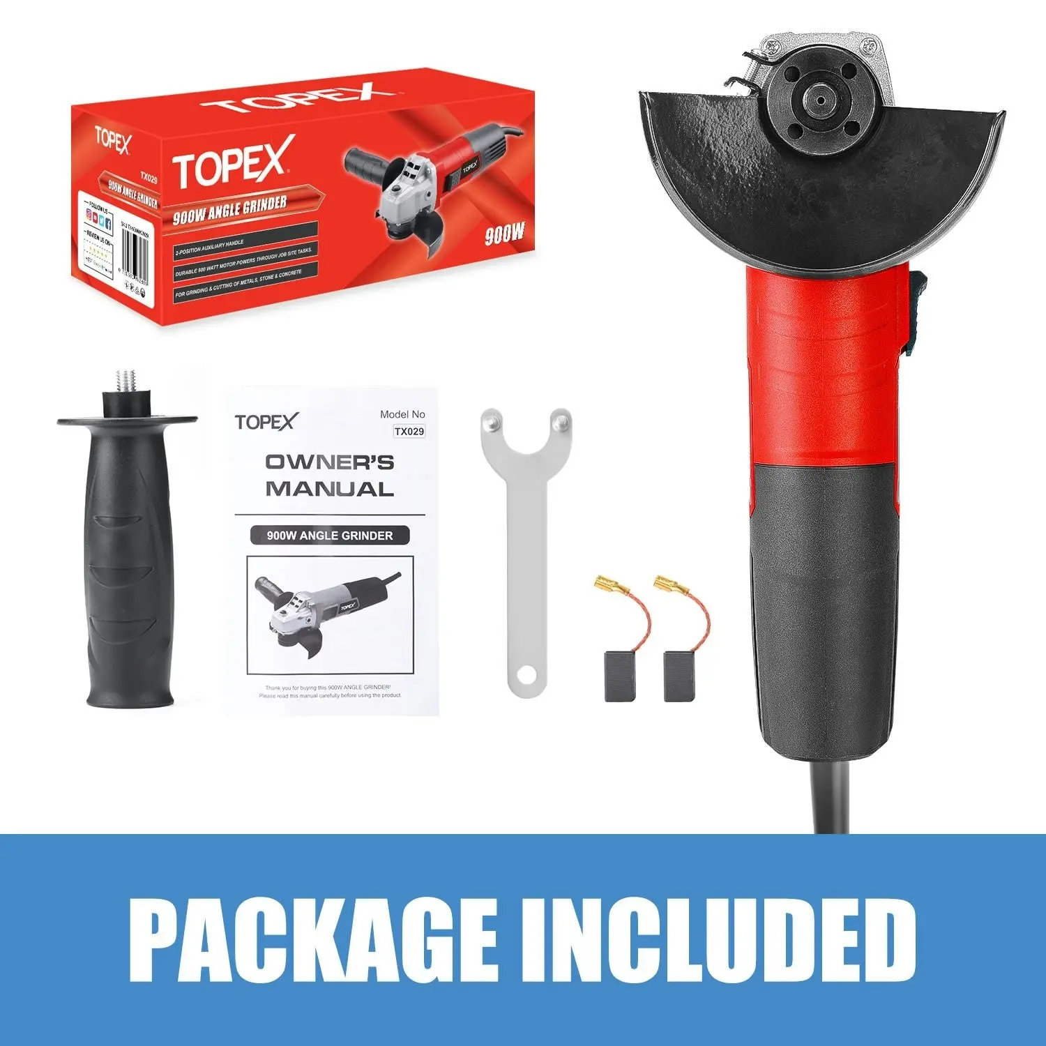 Topex Heavy Duty 900W 125mm 5inch Angle Grinder with Side Handle Protection Switch