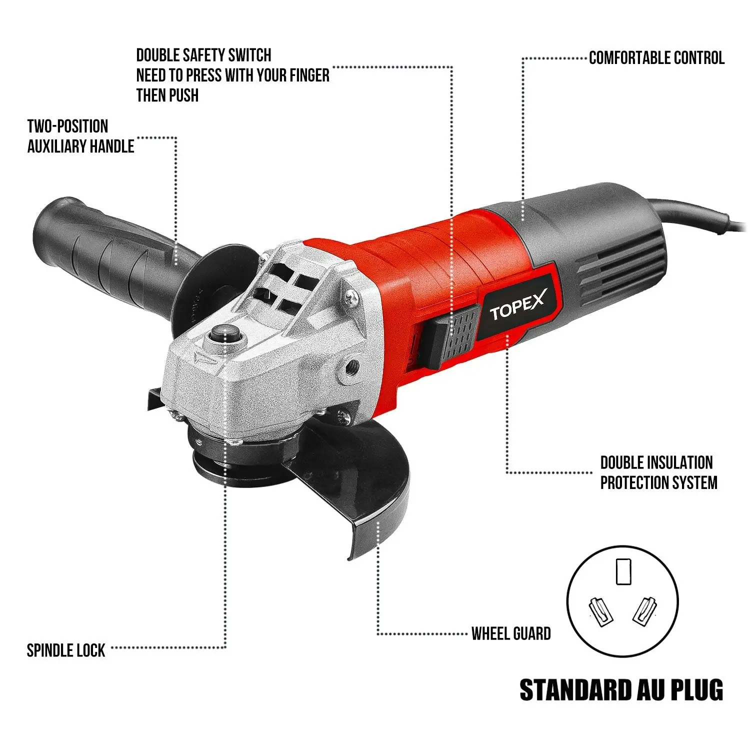 Topex Heavy Duty 900W 125mm 5inch Angle Grinder with Side Handle Protection Switch