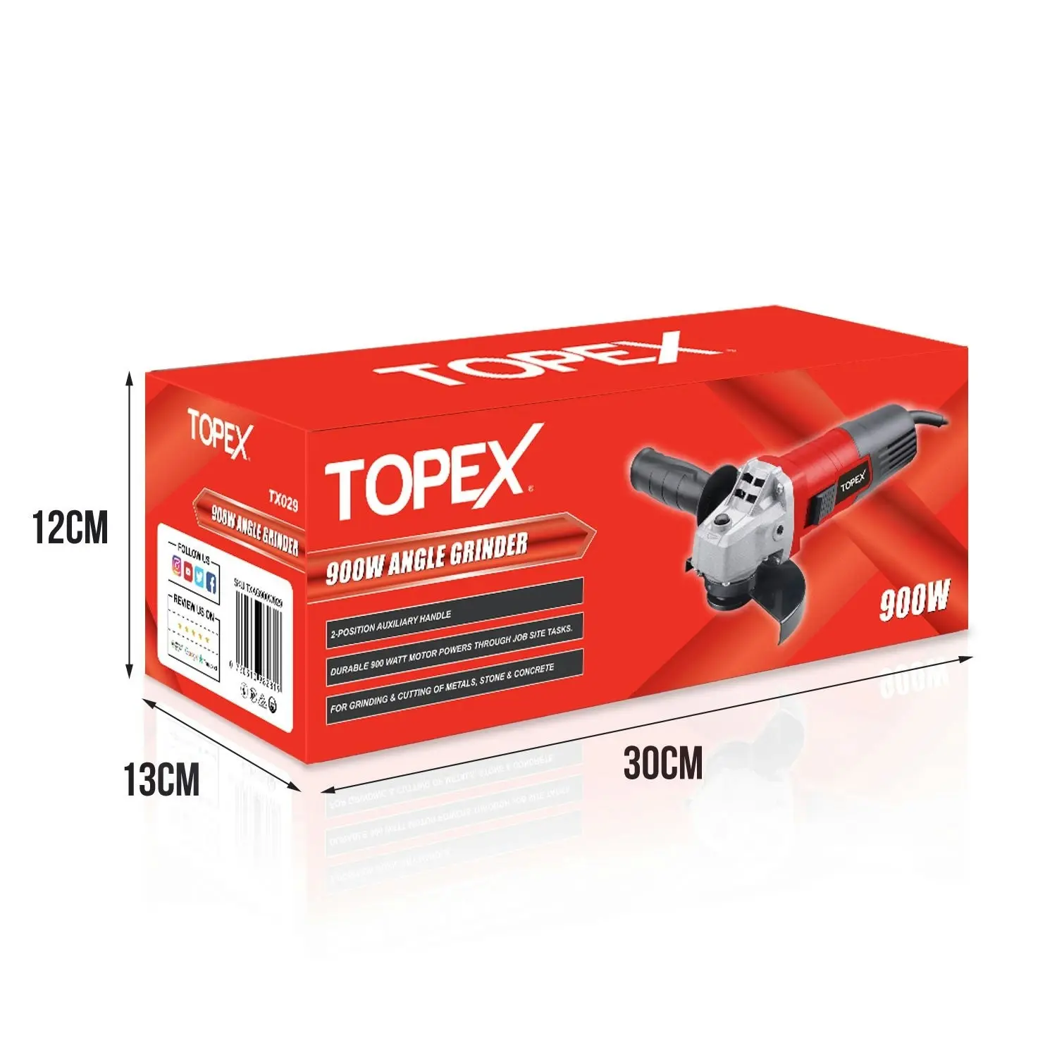 Topex Heavy Duty 900W 125mm 5inch Angle Grinder with Side Handle Protection Switch