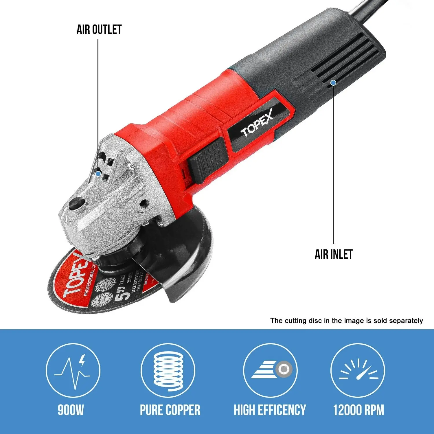 Topex Heavy Duty 900W 125mm 5inch Angle Grinder with Side Handle Protection Switch