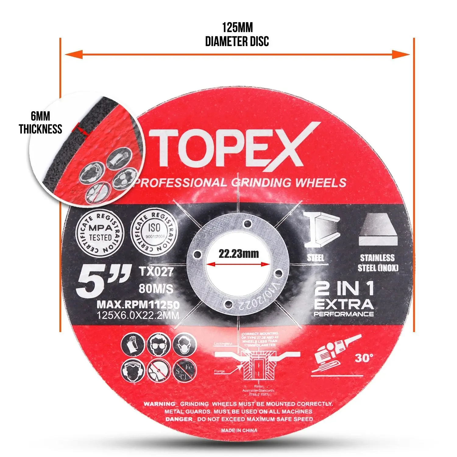 Topex Heavy Duty 900W 125mm 5'' Angle Grinder w/ 25PCs 5" Grinding Wheels