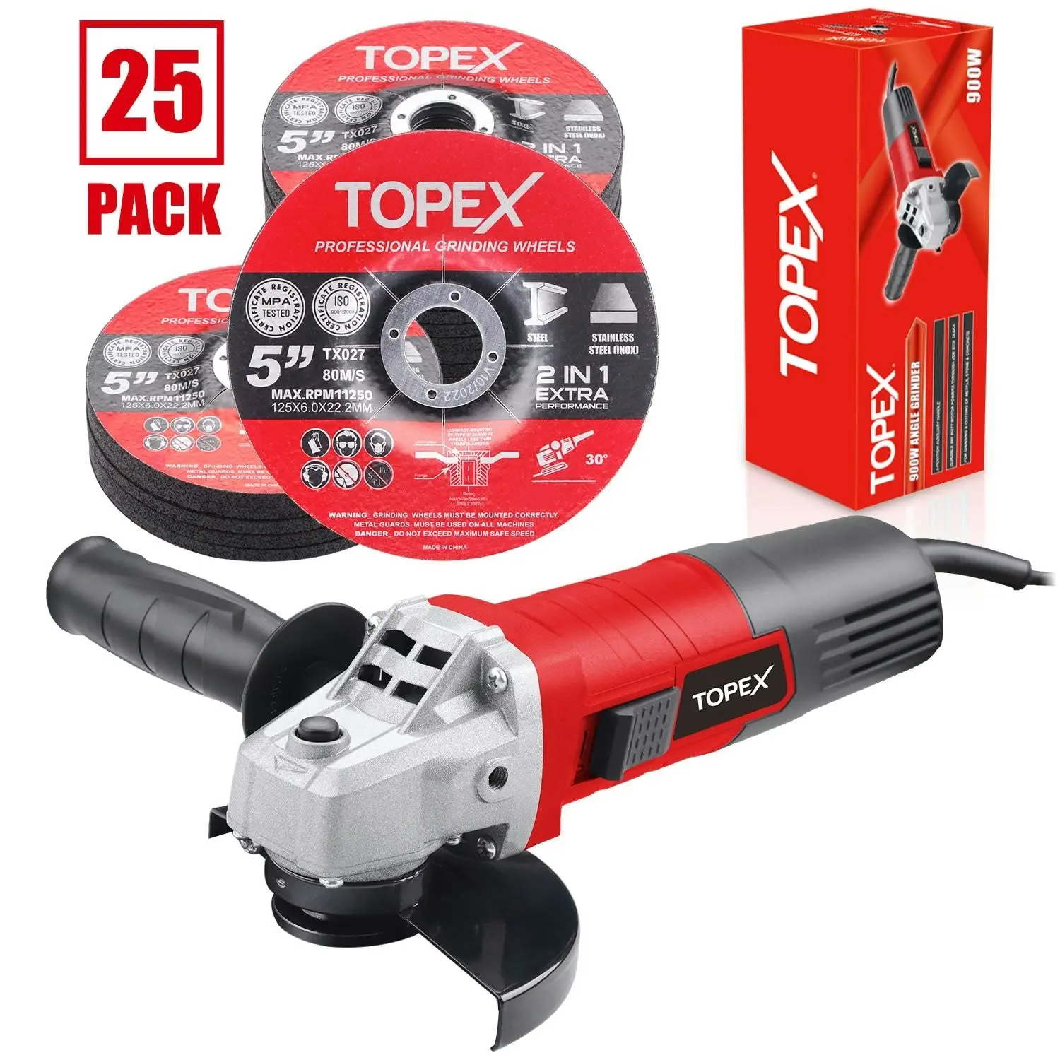 Topex Heavy Duty 900W 125mm 5'' Angle Grinder w/ 25PCs 5" Grinding Wheels