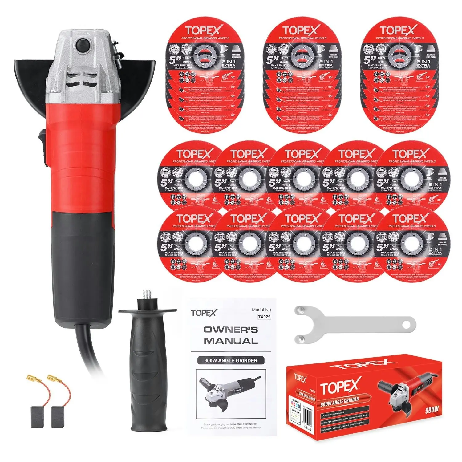 Topex Heavy Duty 900W 125mm 5'' Angle Grinder w/ 25PCs 5" Grinding Wheels