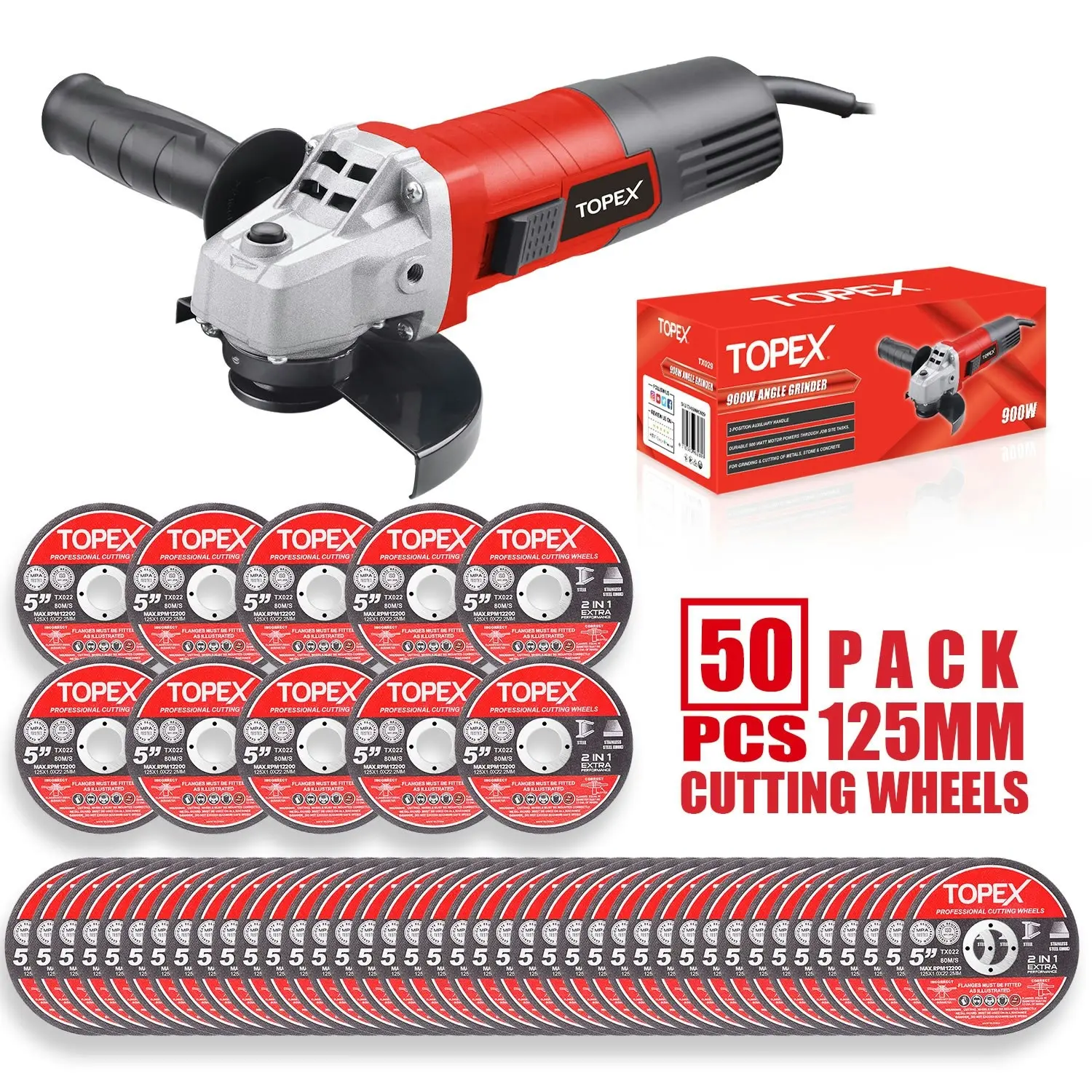 Topex Heavy Duty 900W 125mm 5" Angle Grinder w/ 50PCs 5" Cutting Discs