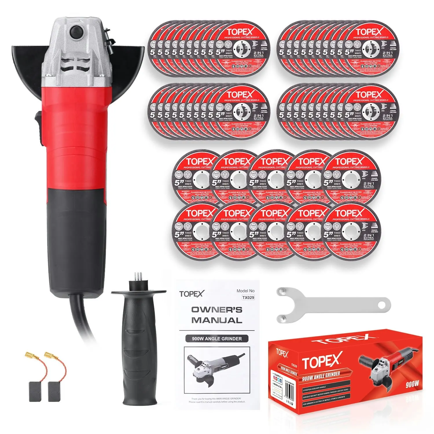 Topex Heavy Duty 900W 125mm 5" Angle Grinder w/ 50PCs 5" Cutting Discs