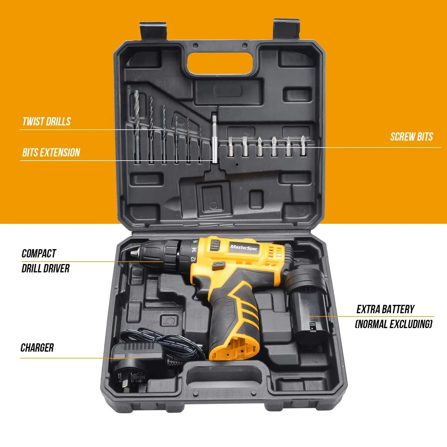 MasterSpec 12V Cordless Drill Driver Screwdriver Accessories W/Battery Charger