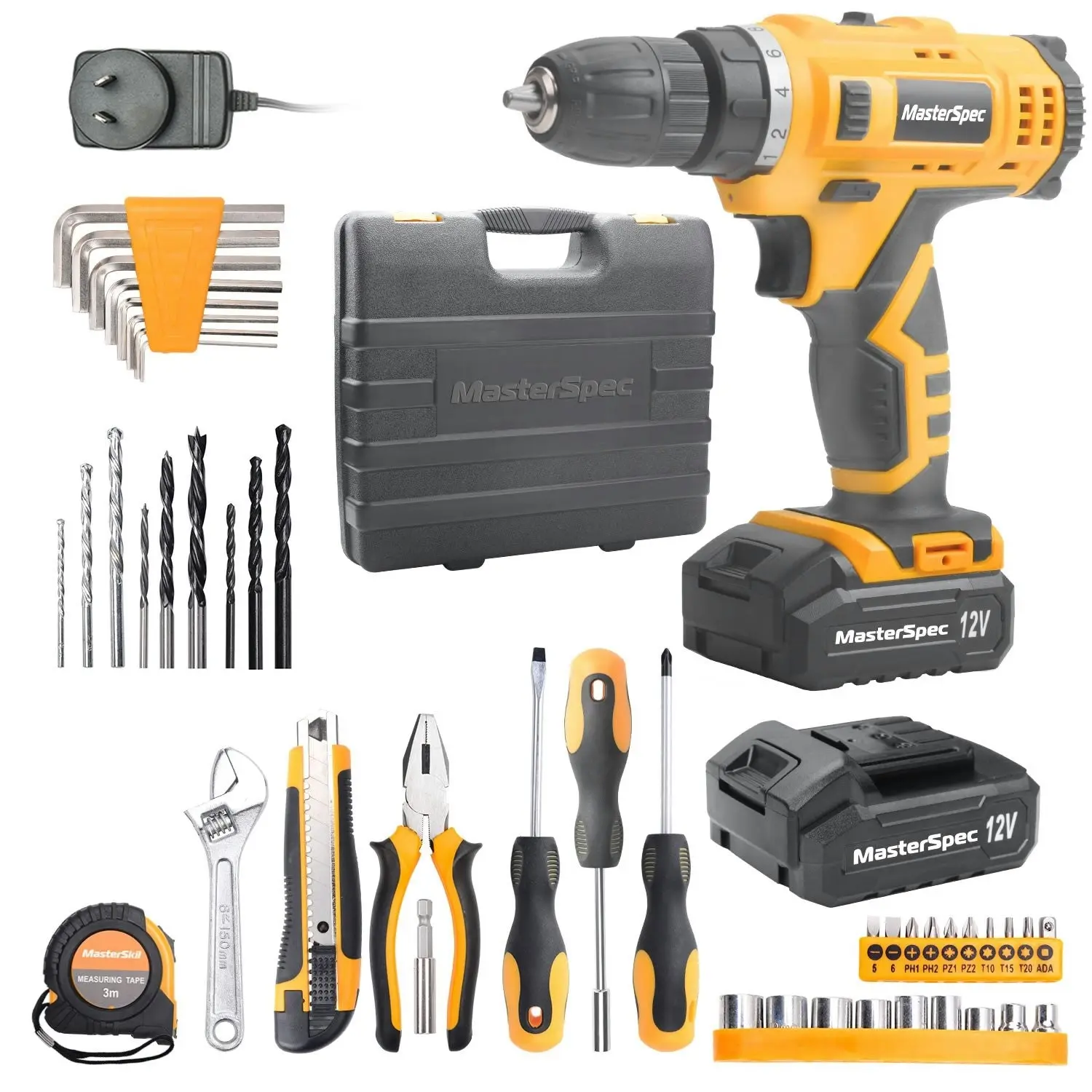 MasterSpec  47PCs 12V Lithium Cordless Drill with 2 Batteries