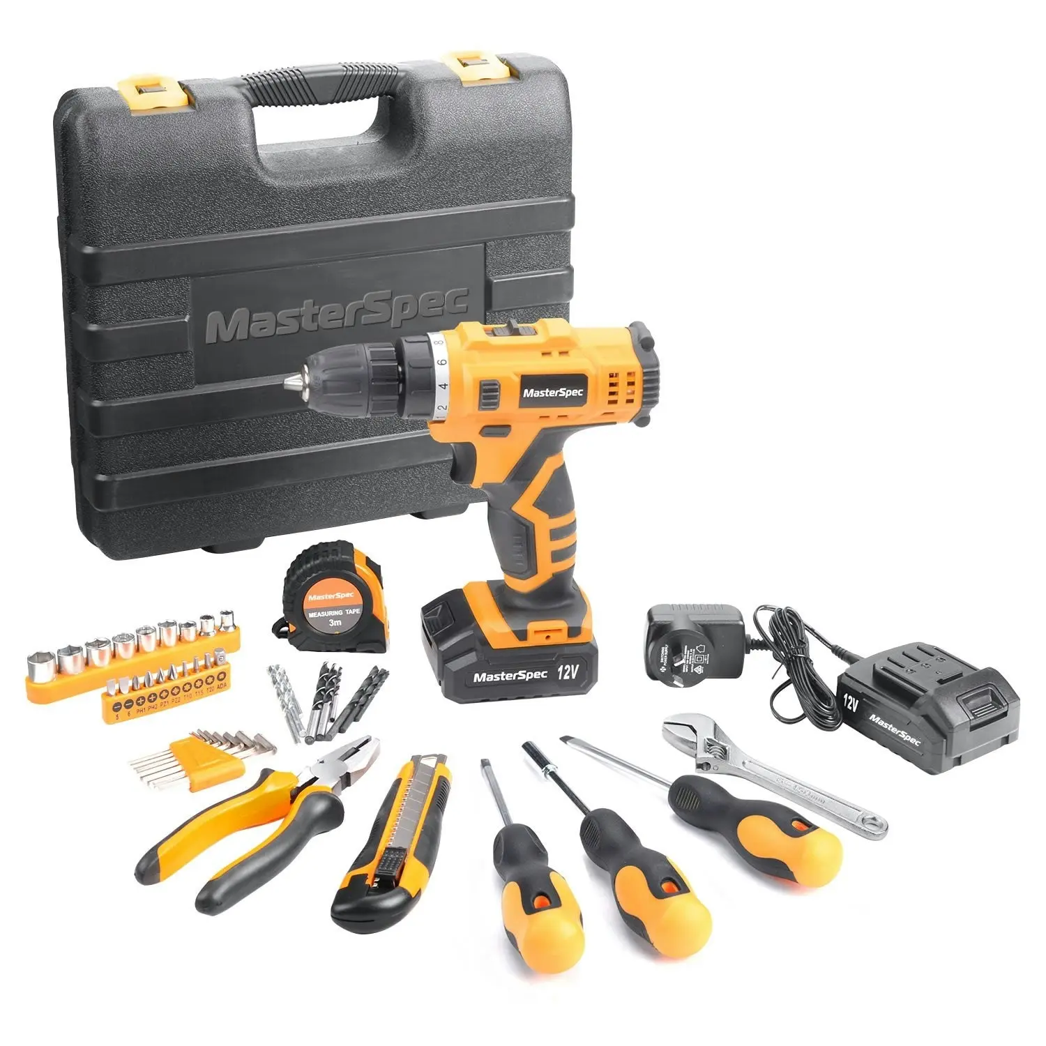 MasterSpec  47PCs 12V Lithium Cordless Drill with 2 Batteries