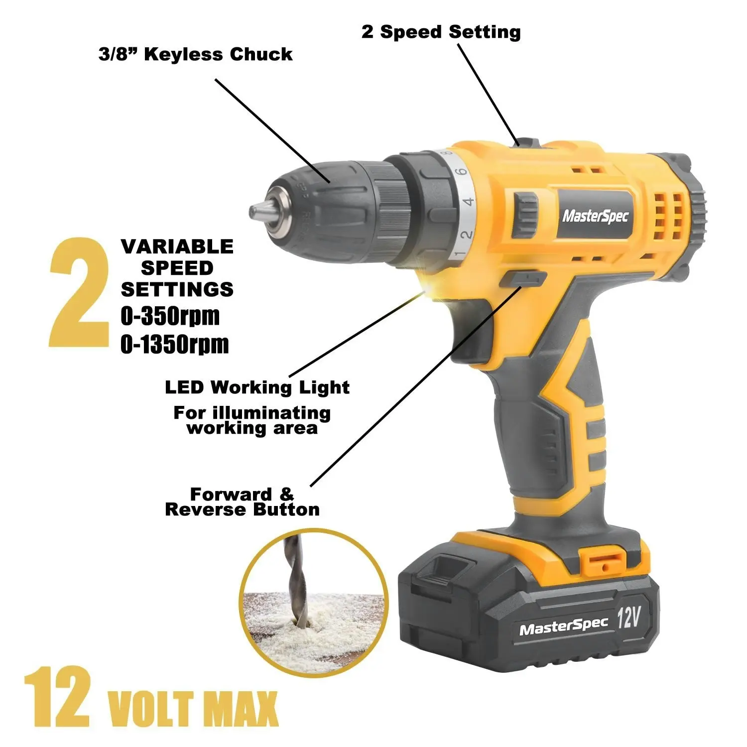 MasterSpec  47PCs 12V Lithium Cordless Drill with 2 Batteries