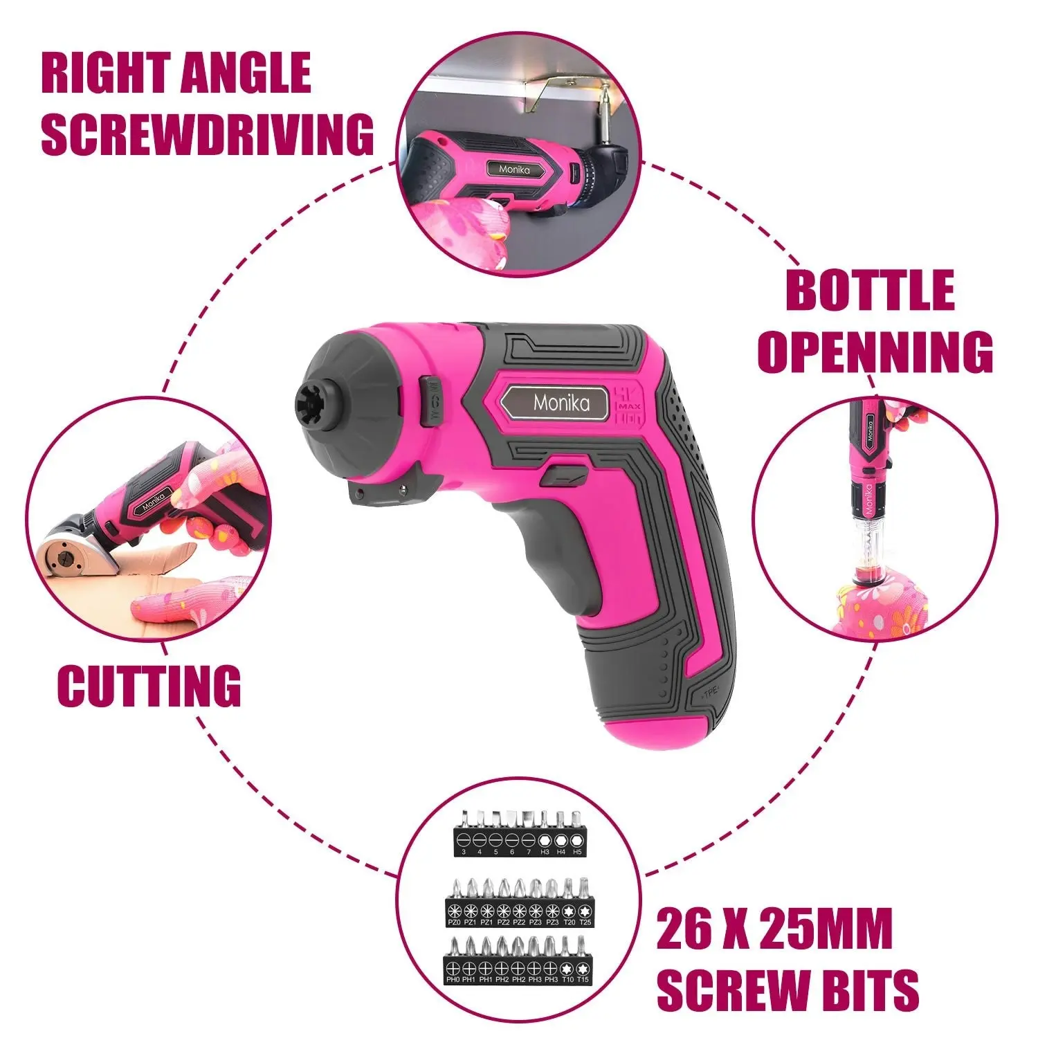 Monika Pink Tool Combo Cordless Drill Driver Electric Cutter Bottle Opener Screwdriver