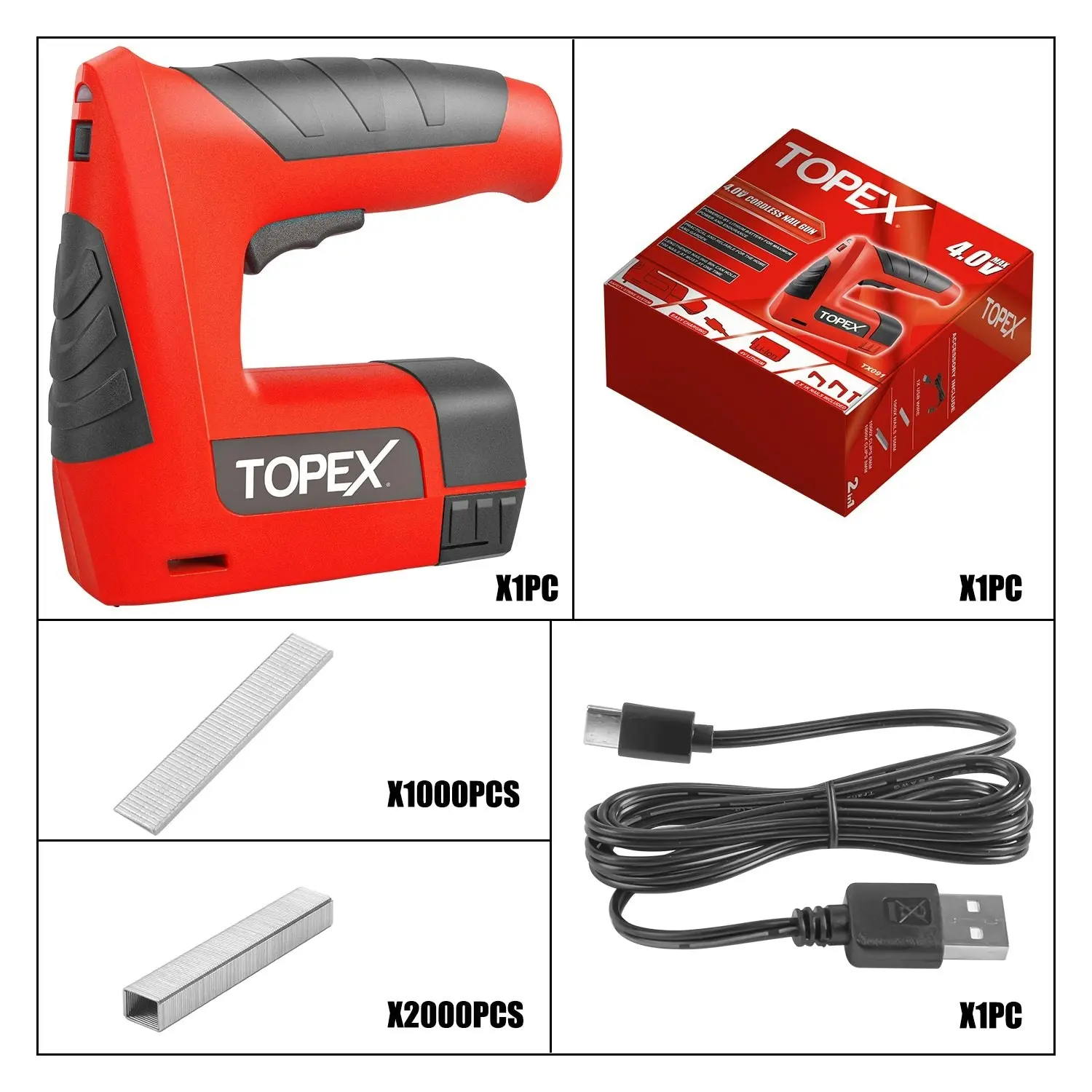 Topex 4V 2in1 Cordless Electric Stapler Tacker Nail Gun Li-Ion 3K Staples Nails