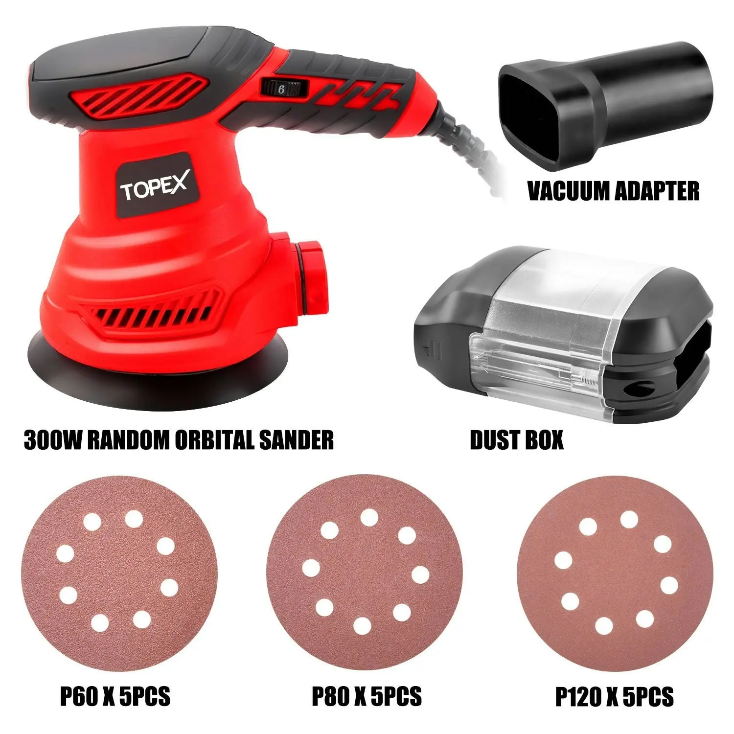 Topex 300W Random Orbital Sander Polisher Variable Speed +15pcs Sand Papers