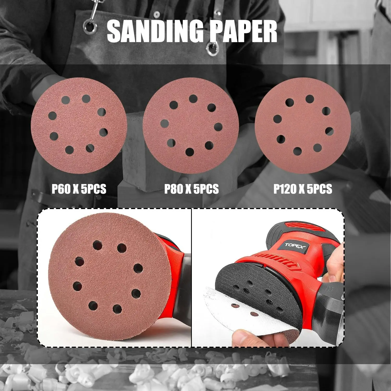 Topex 300W Random Orbital Sander Polisher Variable Speed +15pcs Sand Papers