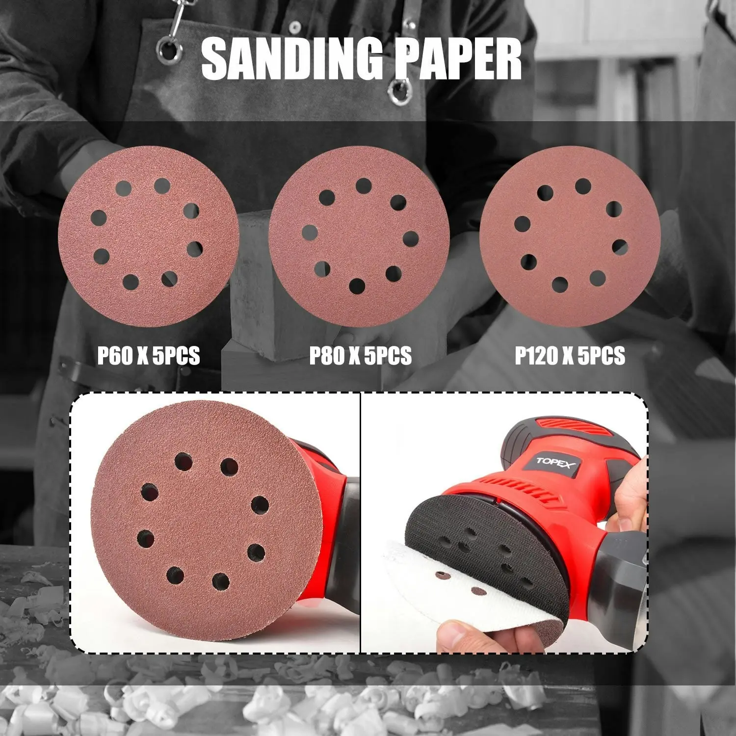 Topex 300W Random Orbital Sander Polisher Variable Speed +15pcs Sand Papers