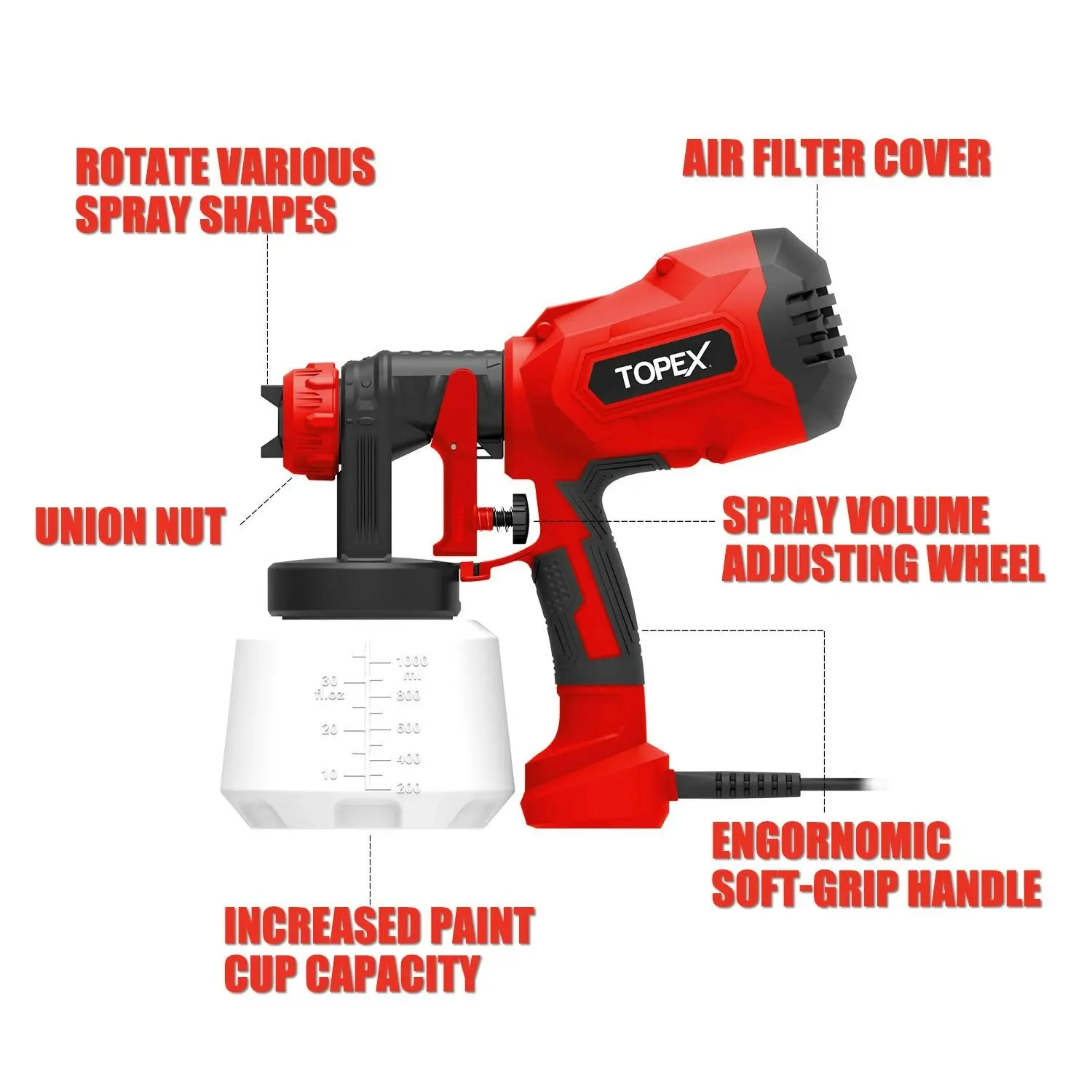 Topex 400W Handhold Electric Paint Sprayer Gun 1000ml High Power Portable Spray-Gun Kit Painting Spray Tool