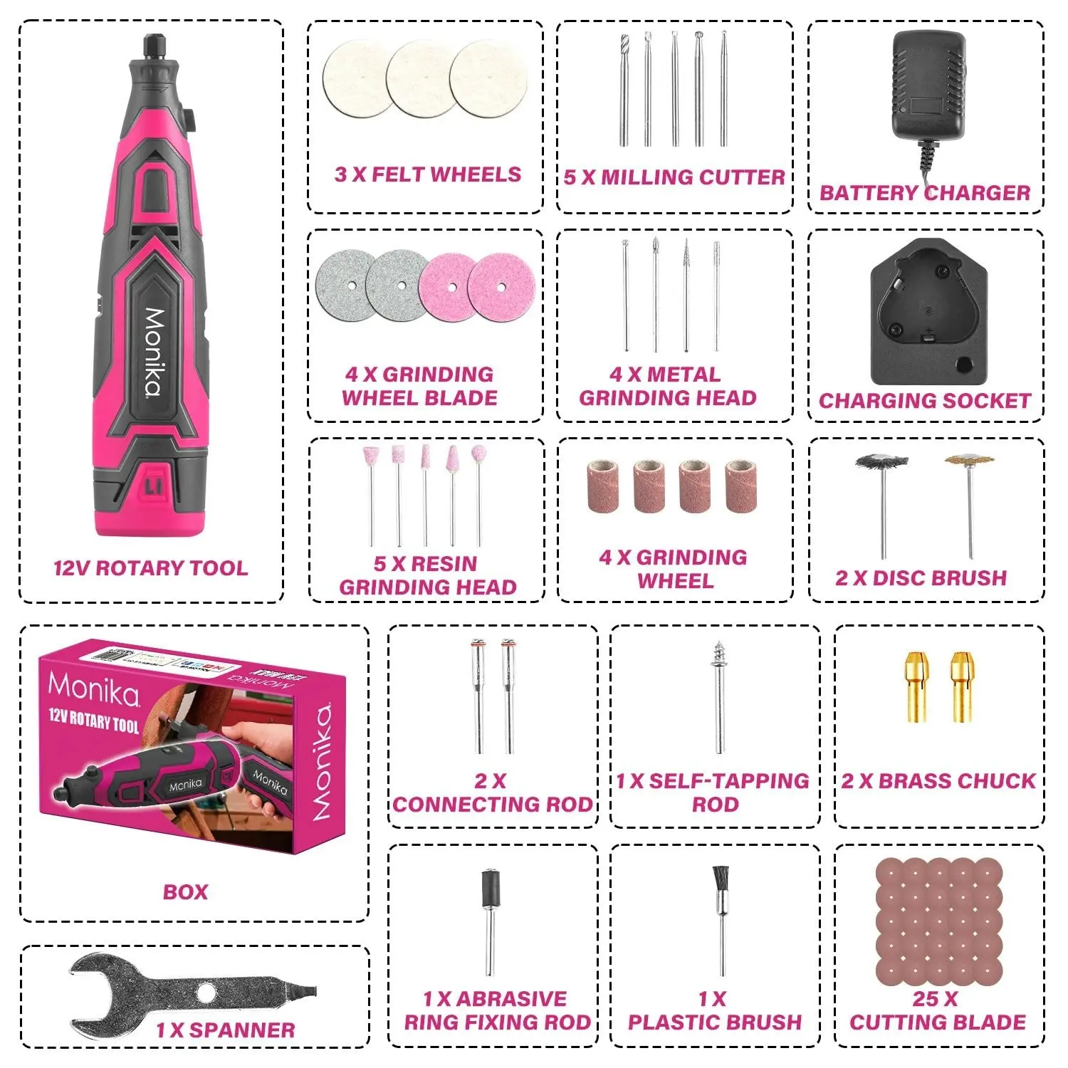 Monika 12V Cordless Rotary Tool Pink Variable Speed Engraver Grinder Multi Accessories