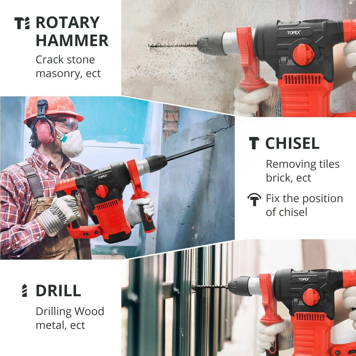 Topex 1500W SDS PLUS Rotary Hammer Drill Havey Duty Impact Hammer