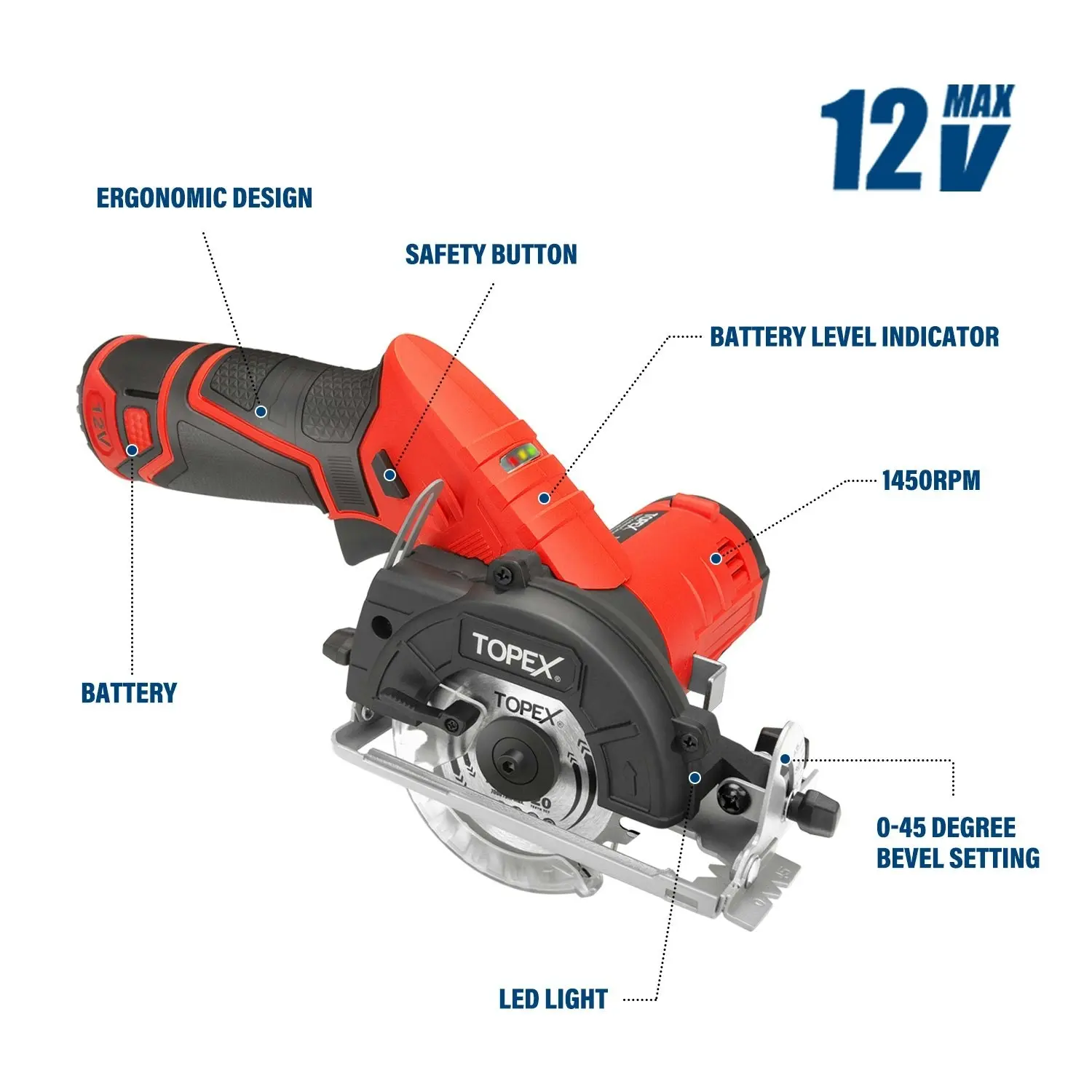 Topex 12V Cordless Circular Saw Lithium-Ion LED Torch w/ Battery & Charger