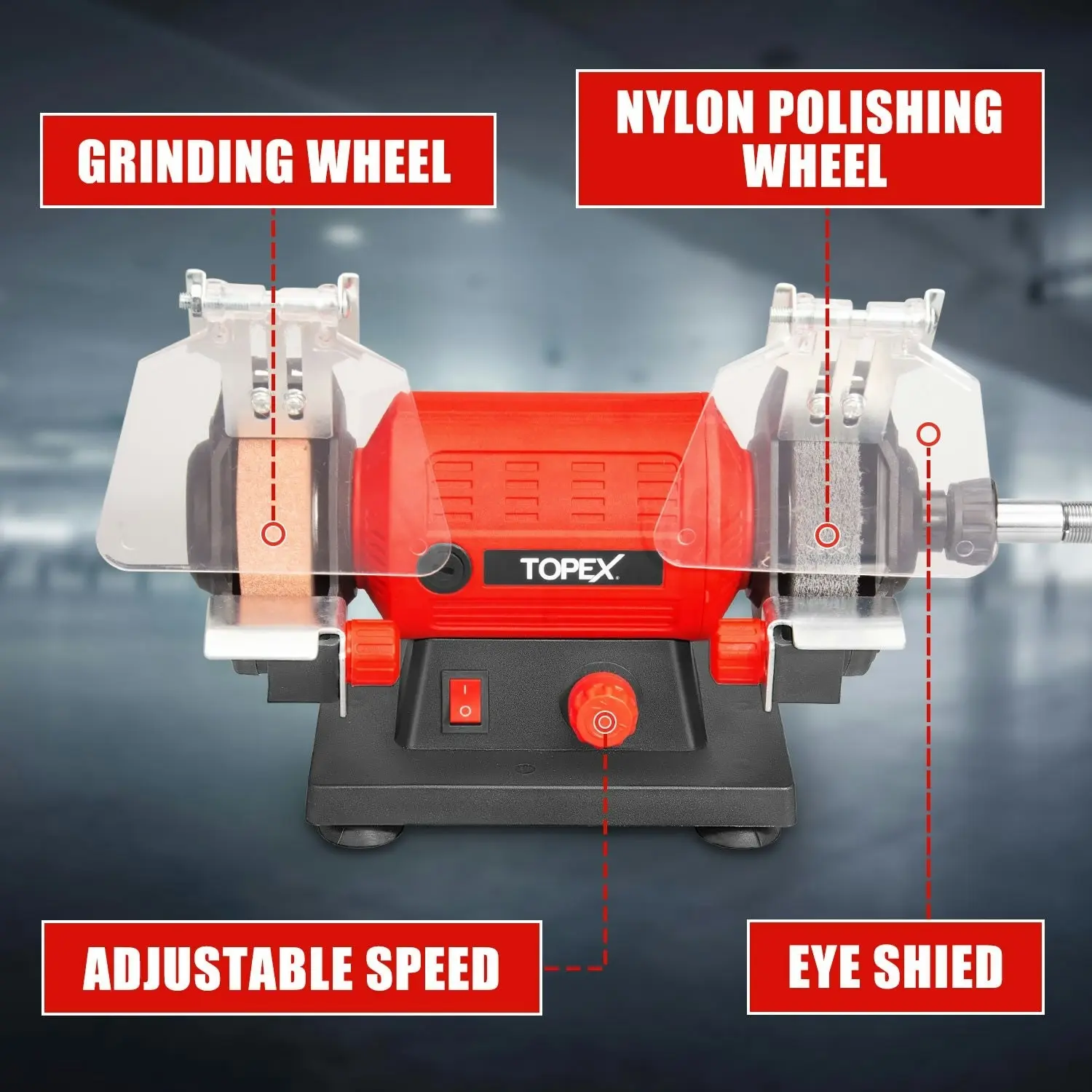 Topex 120W Bench Grinder w/ 2 Grinding Wheels& Adjustable Tool Rests& Eye-Protecting Shields& Static Wheel Guards