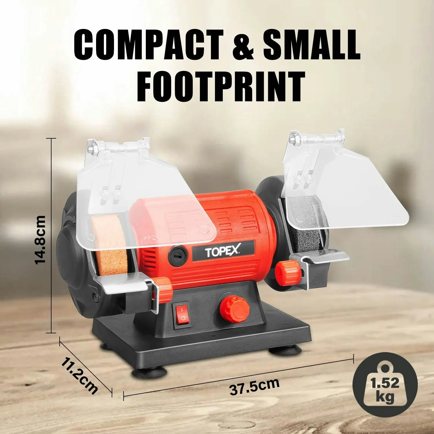 Topex 120W Bench Grinder w/ 2 Grinding Wheels& Adjustable Tool Rests& Eye-Protecting Shields& Static Wheel Guards