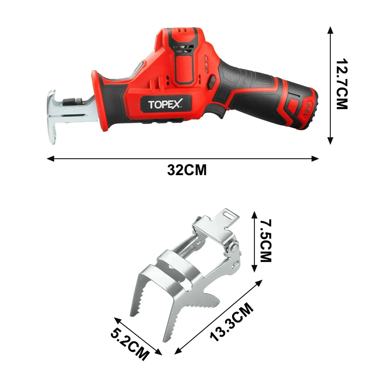 Topex 12V Cordless Reciprocating Saw w/  2 Saw Blades & Clamping Claw  Cutting Depth 65 mm