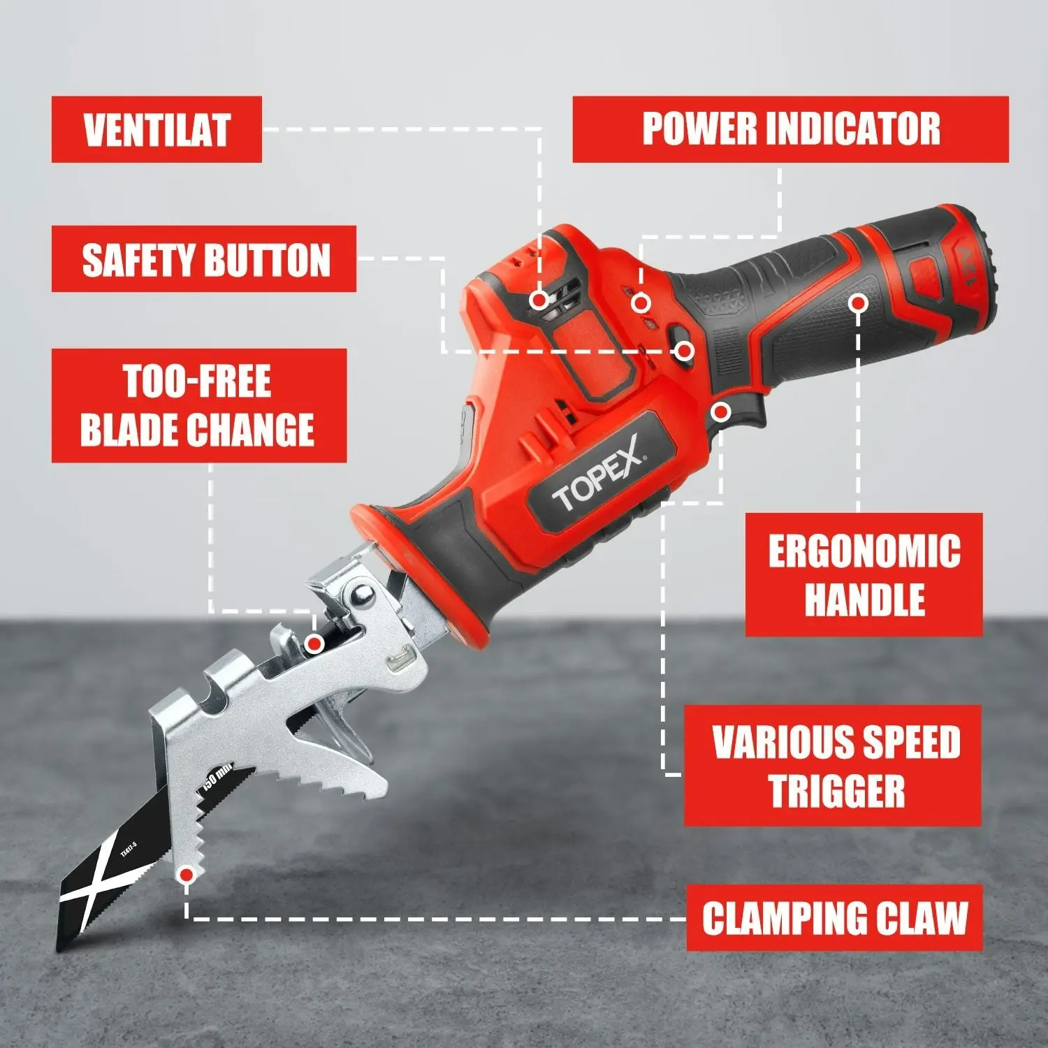 Topex 12V Cordless Reciprocating Saw w/  2 Saw Blades & Clamping Claw  Cutting Depth 65 mm