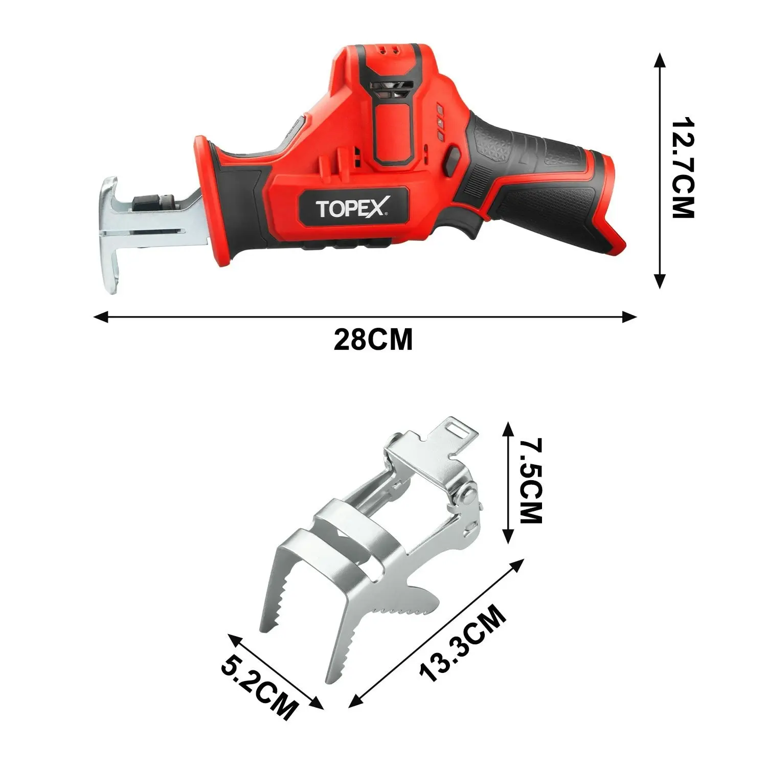 Topex 12V Cordless Reciprocating Saw w/ 2 Saw Blades & Clamping Claw Cutting Depth 65 mm Skin Only without Battery