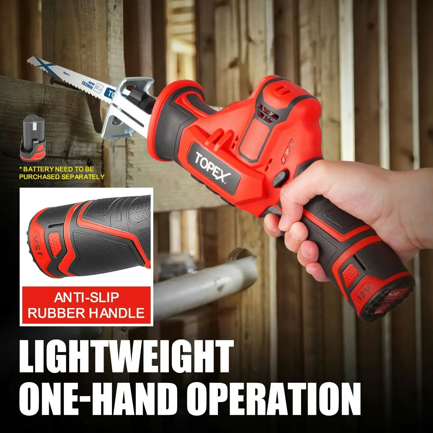 Topex 12V Cordless Reciprocating Saw w/ 2 Saw Blades & Clamping Claw Cutting Depth 65 mm Skin Only without Battery