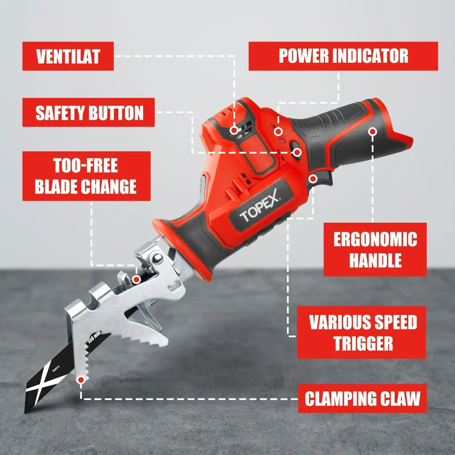 Topex 12V Cordless Reciprocating Saw w/ 2 Saw Blades & Clamping Claw Cutting Depth 65 mm Skin Only without Battery