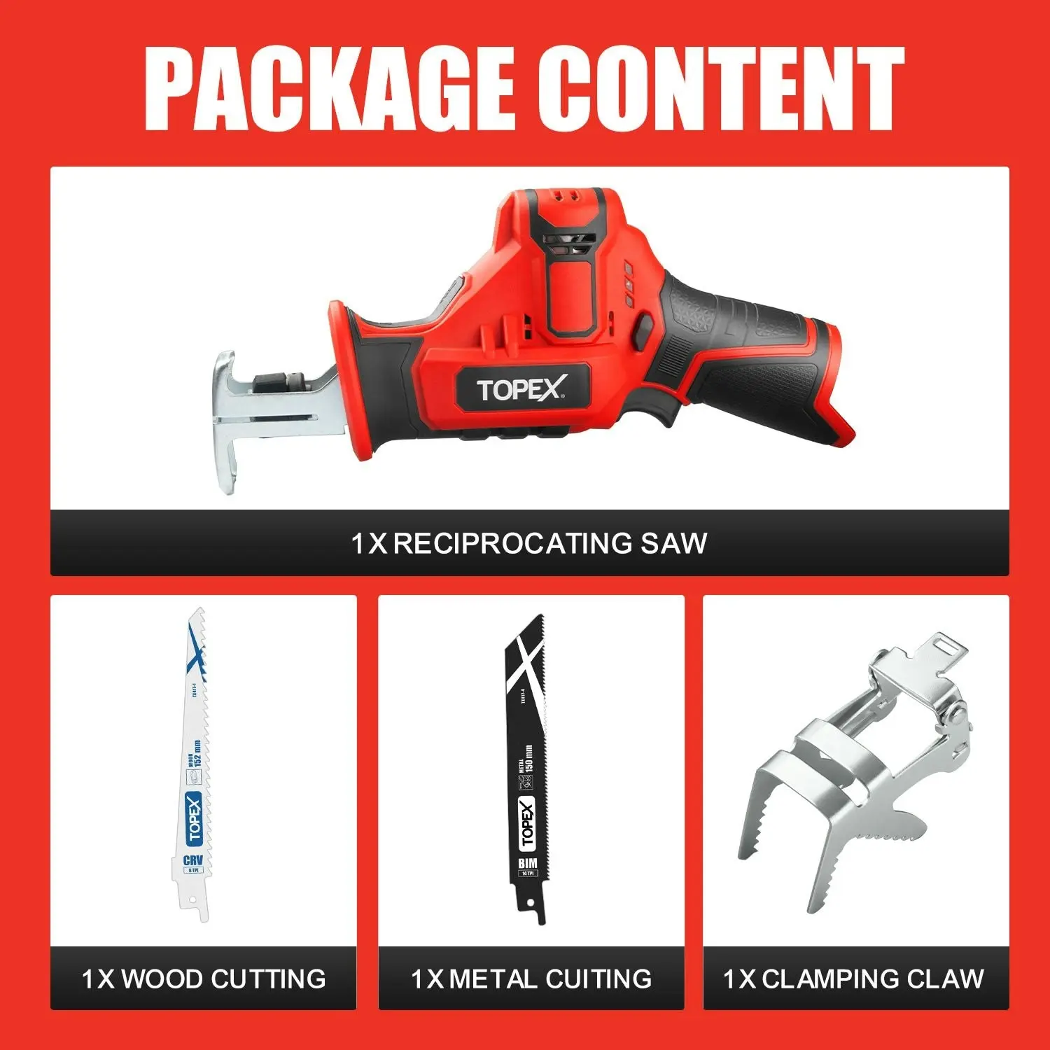 Topex 12V Cordless Reciprocating Saw w/ 2 Saw Blades & Clamping Claw Cutting Depth 65 mm Skin Only without Battery