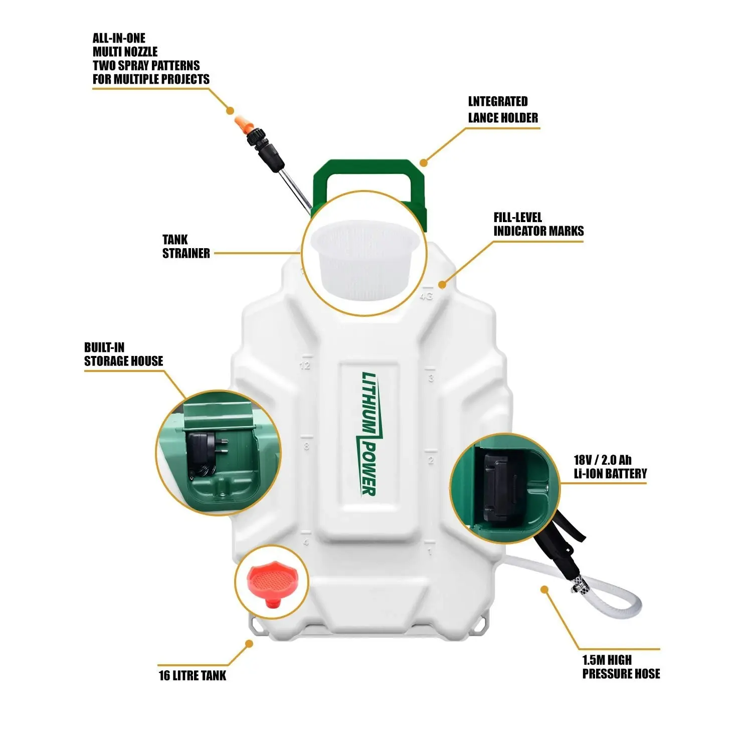 Topland 20V Max 16L Lithium Backpack Sprayer Weed Control Fertilizing Watering