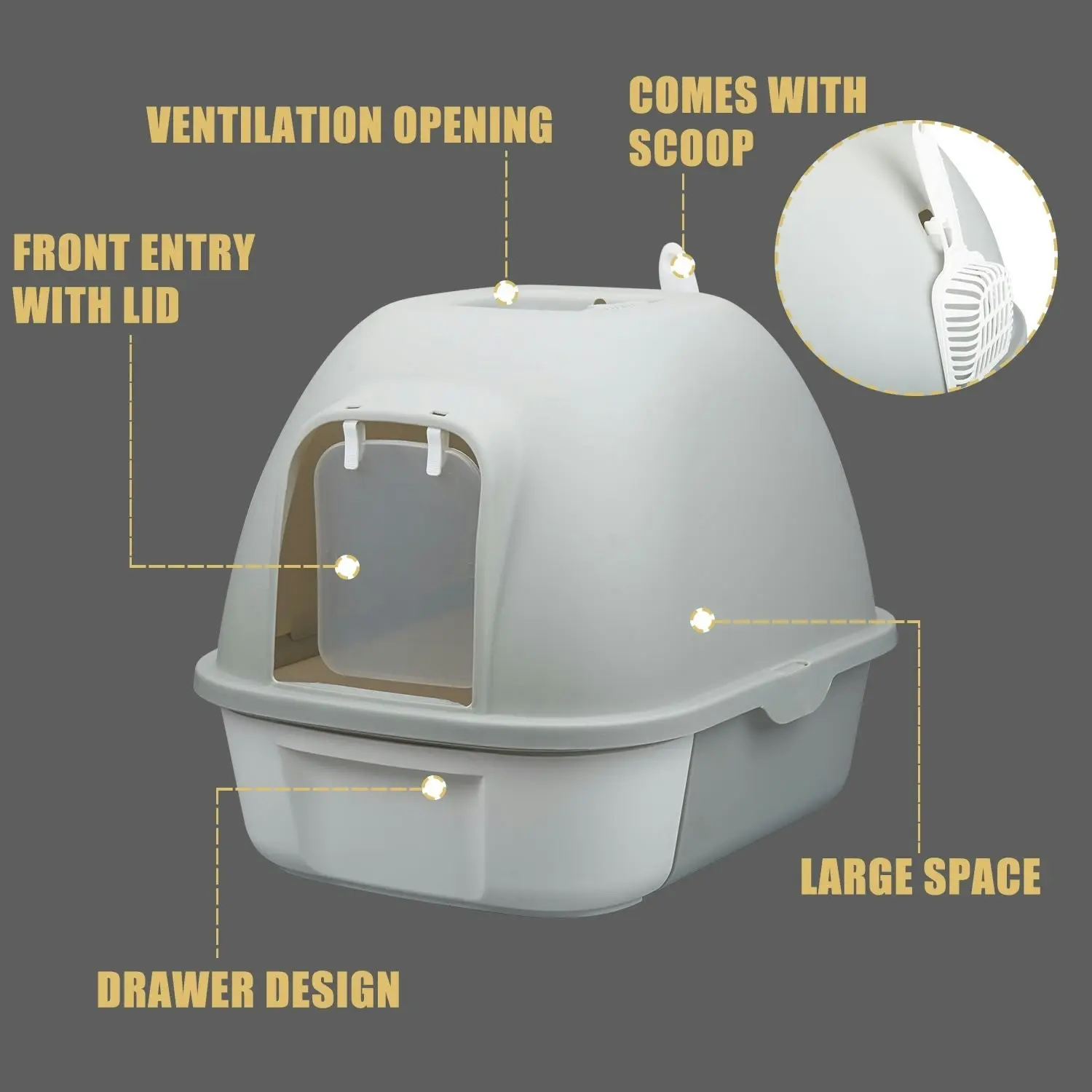 truepal Cat Litter Box Front Entry With Lid Fully Enclosed, Anti-splashing Kitty Pet Toliet Box With Scoop,532x410x406mm,Grey