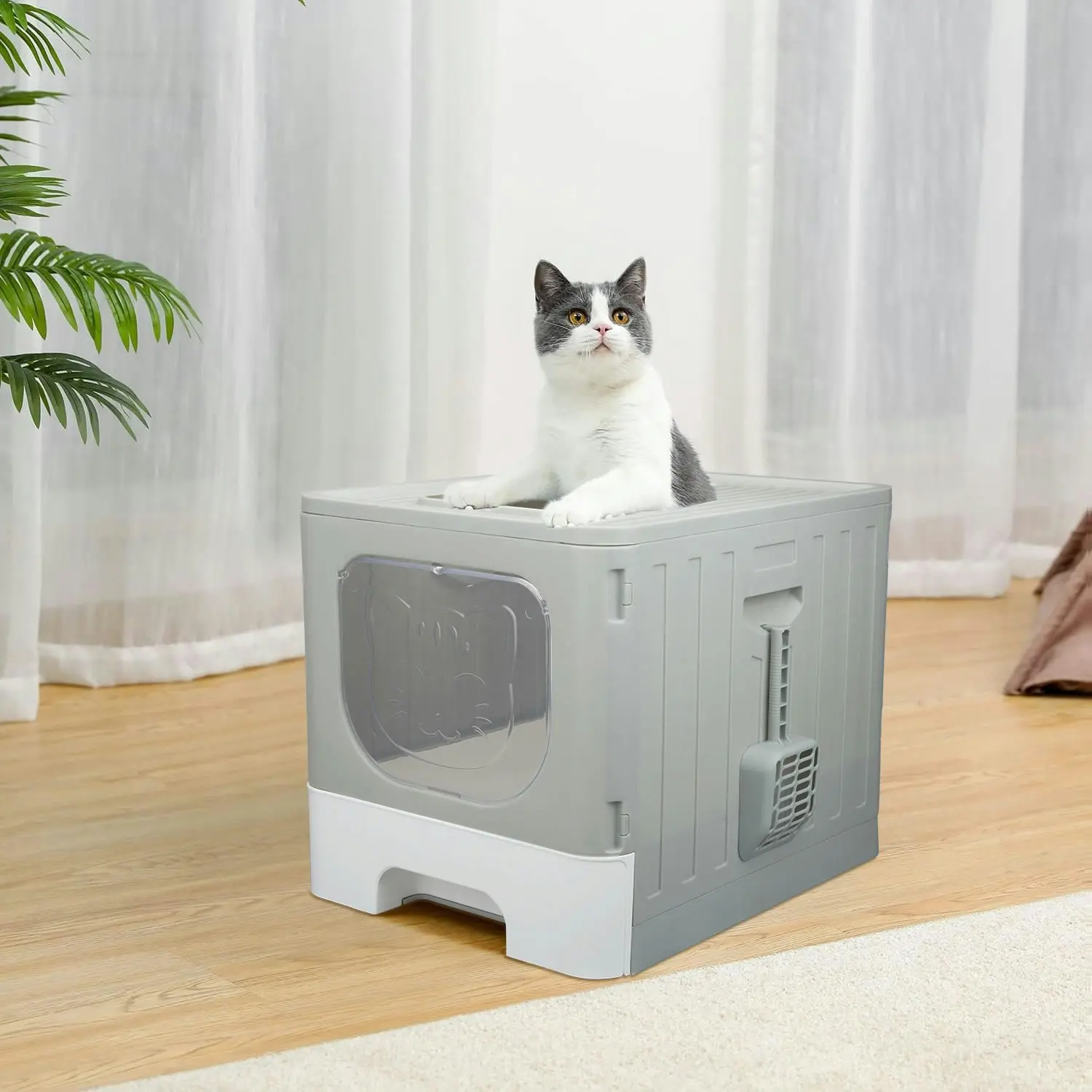 truepal Cat Litter Box/Basin Pet Toilet Anti-splashing Top Exit Cat Box With Scoop Grey